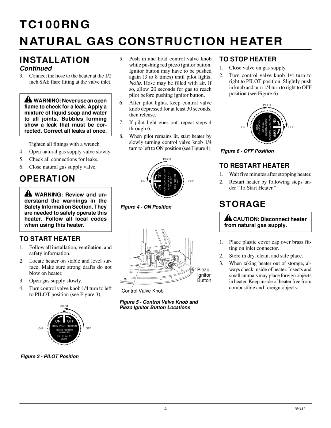 Desa TC100RNG owner manual Storage, To Stop Heater 