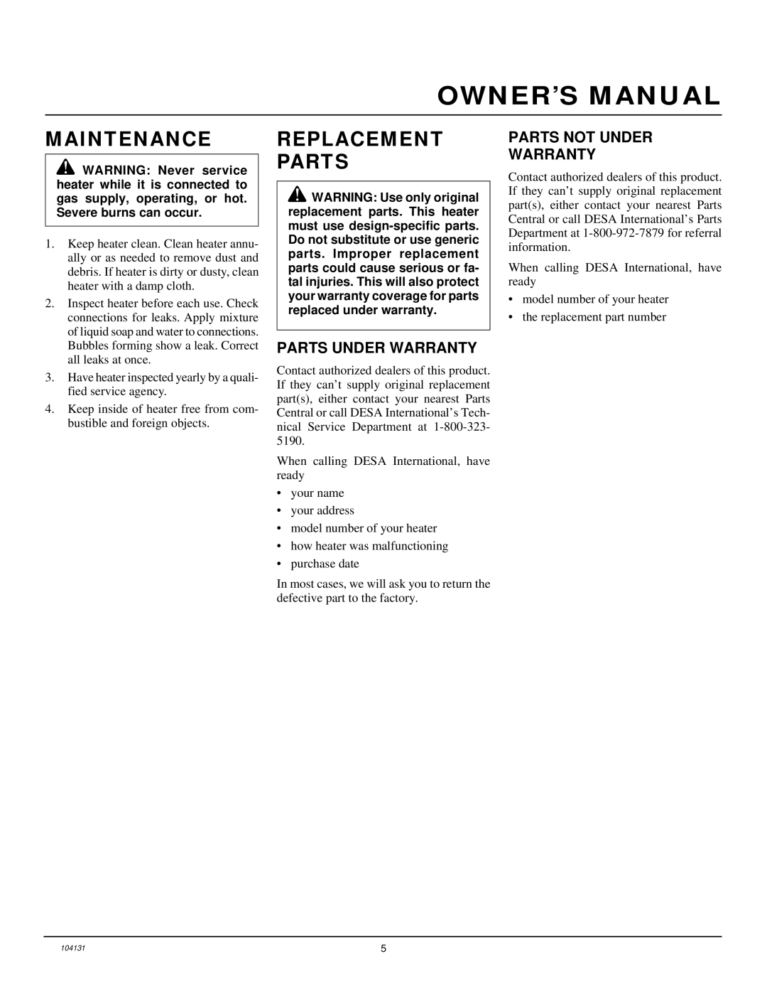 Desa TC100RNG owner manual Maintenance, Replacement Parts 