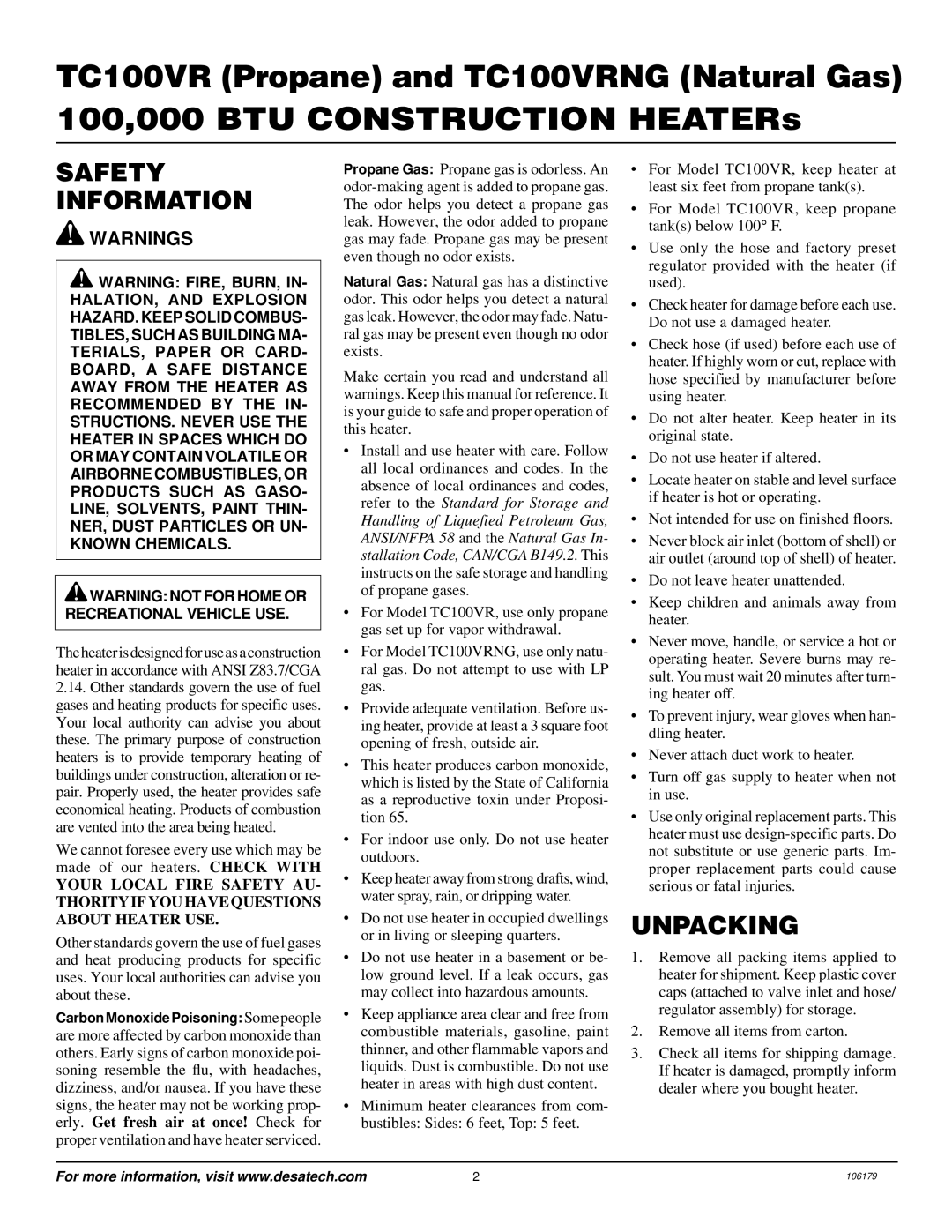 Desa TC100VRNG owner manual Safety Information, Unpacking 