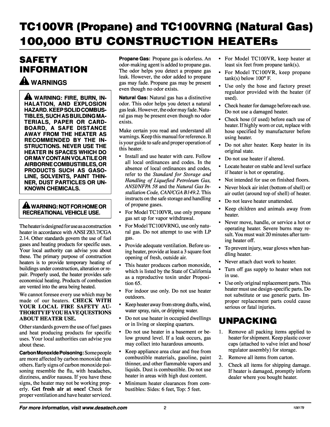 Desa TC100VRNG owner manual Safety Information, Unpacking, Warnings 