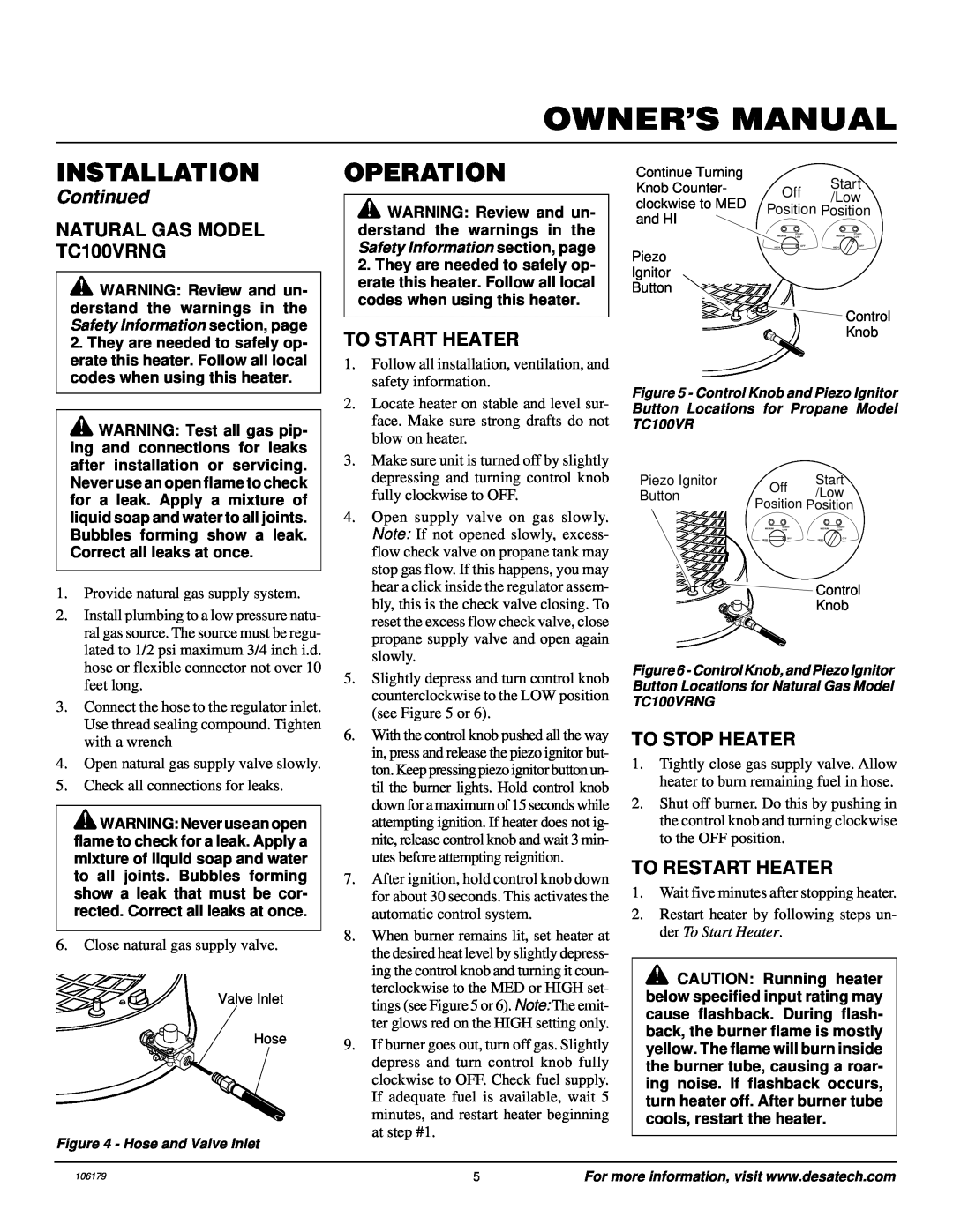 Desa TC100VRNG owner manual Operation, To Start Heater, To Stop Heater, To Restart Heater, Installation, Continued 