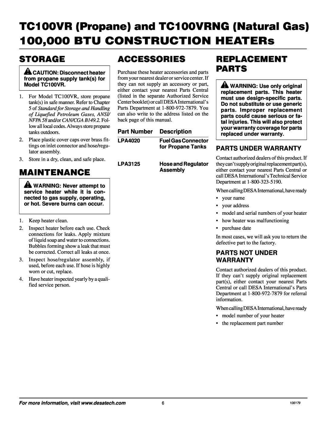 Desa TC100VRNG Storage, Maintenance, Accessories, Replacement Parts, Parts Under Warranty, Parts Not Under Warranty 