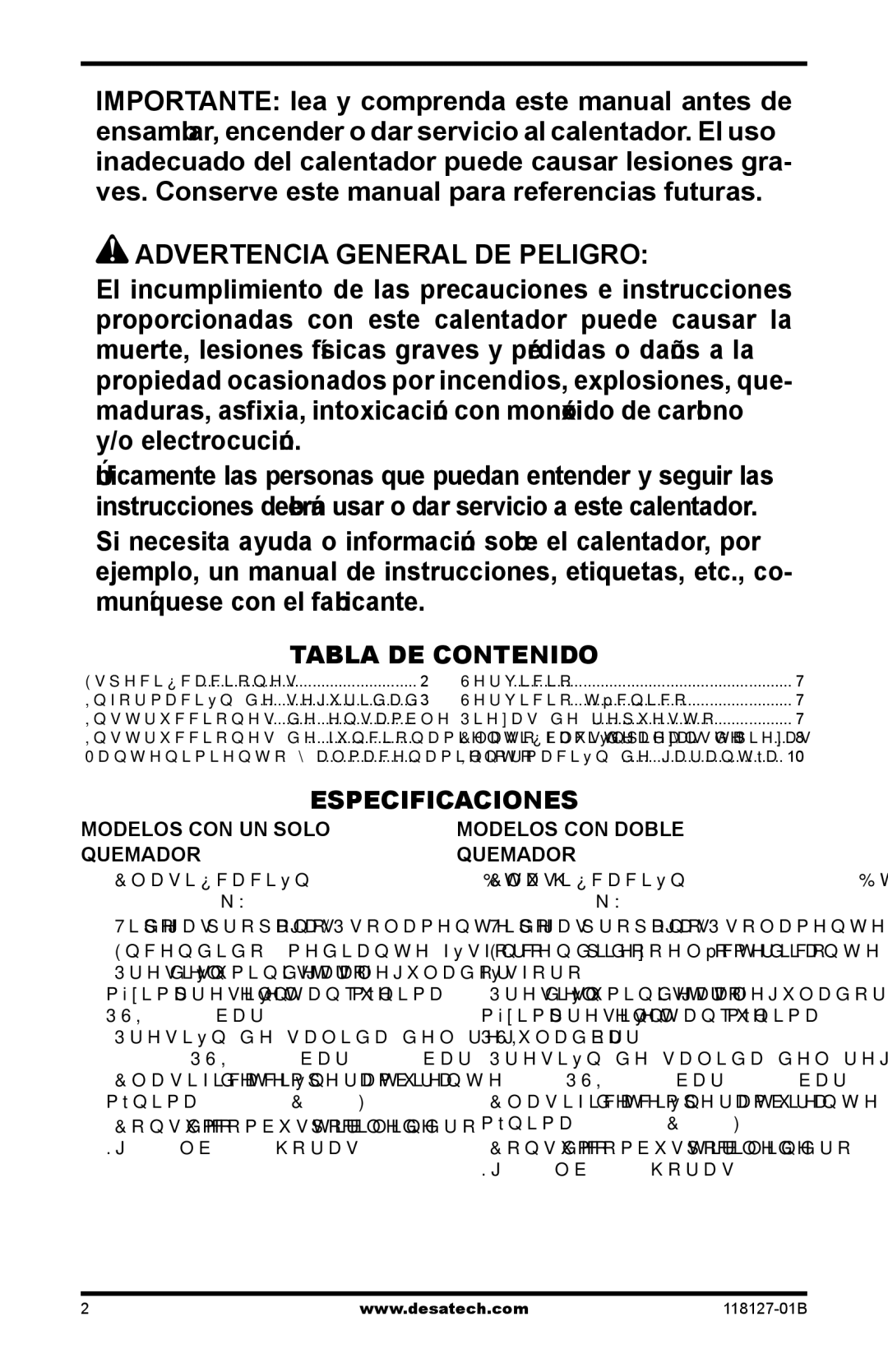 Desa 000-12, TC111 8 Advertencia General DE Peligro, Tabla de contenido, Especificaciones, Modelos con un solo quemador 