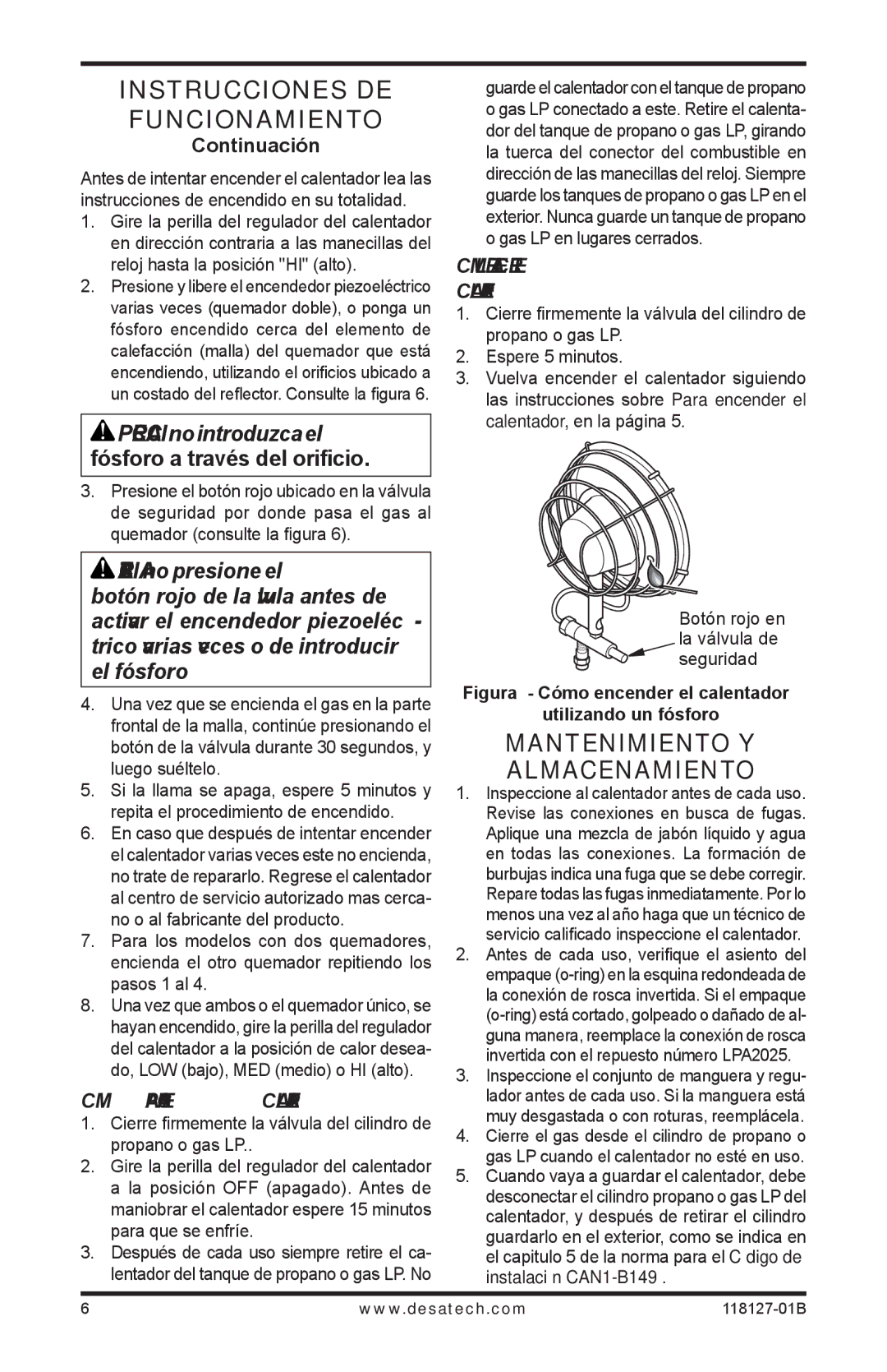 Desa TC110 8, TC111 8 Mantenimiento y almacenamiento, Cómo apagar el calentador, Cómo Volver a Encender el calentador 