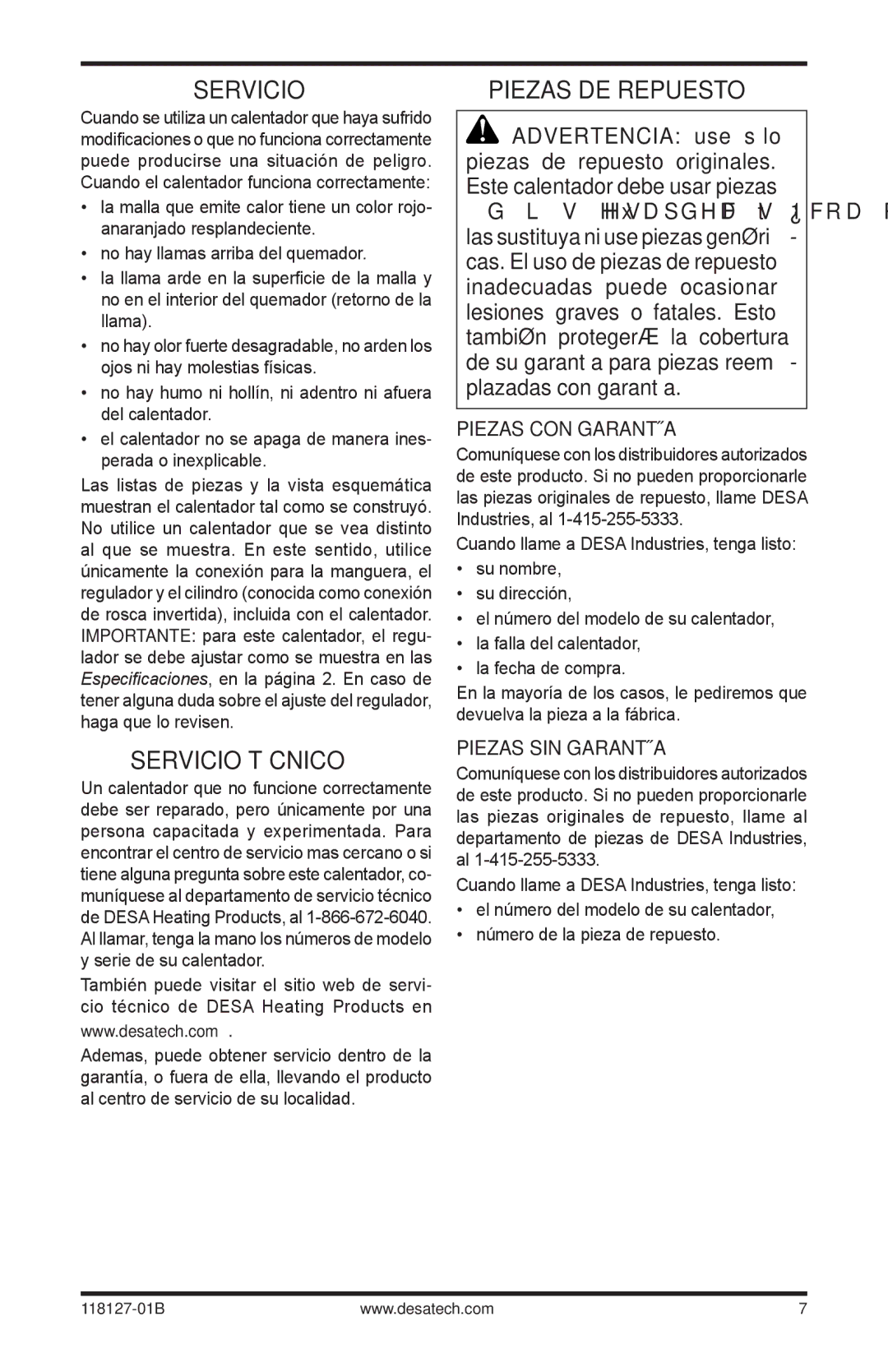 Desa 000-12, TC111 8, TC110 8, 050 BTU, 000-24 owner manual Servicio técnico, Piezas de repuesto, Piezas sin garantía 