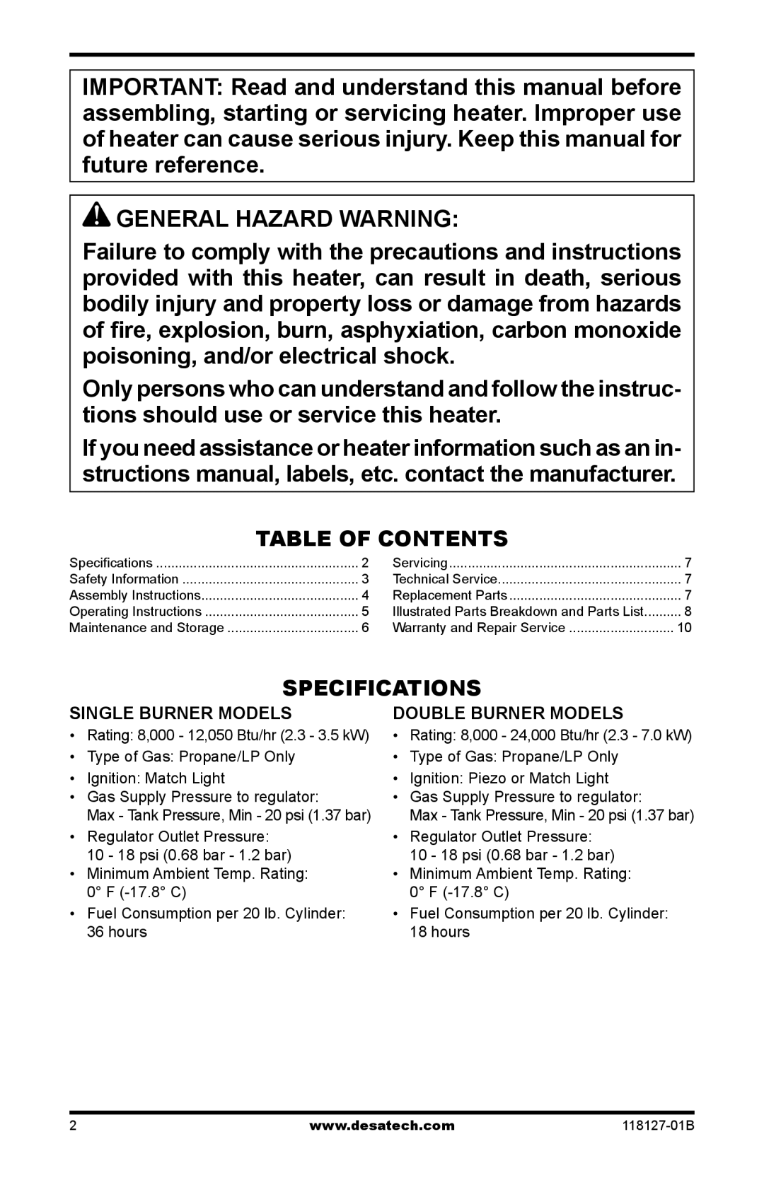 Desa 000-12, TC111 8, TC110 8, 050 BTU General Hazard Warning, Specifications, Single Burner Models, Double Burner Models 