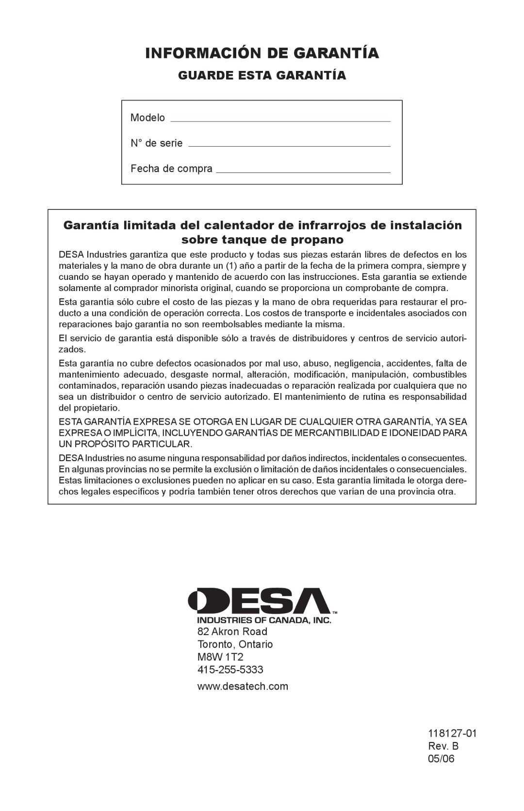 Desa TC111 8, TC110 8, 000-12, 050 BTU, 000-24 owner manual Información de garantía, Modelo De serie Fecha de compra 