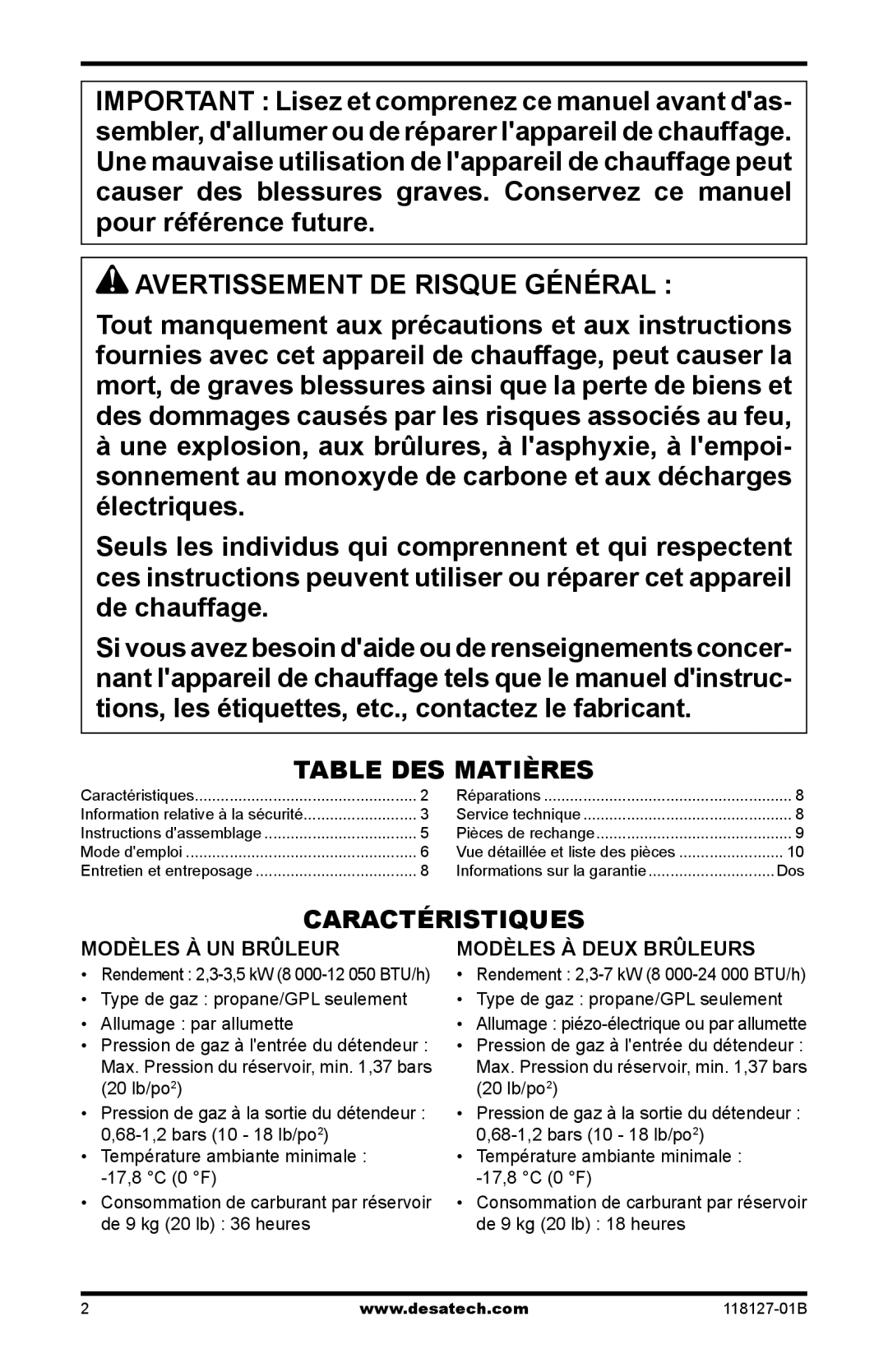 Desa 000-12, TC111 8 Avertissement DE Risque Général, Caractéristiques, Modèles à un brûleur, Modèles à deux brûleurs 