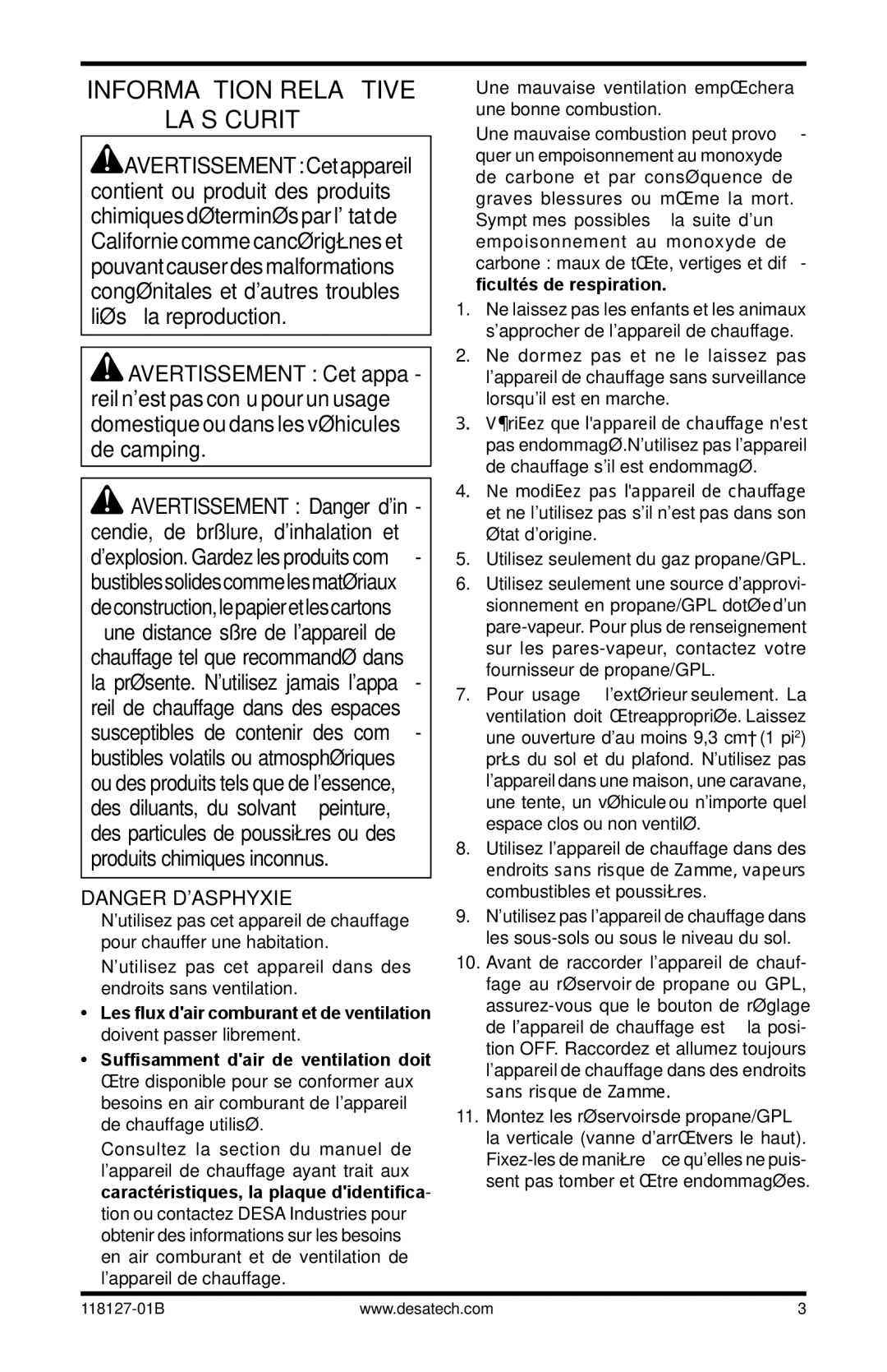 Desa 050 BTU, TC111 8, TC110 8 Information relative La sécurité, Une mauvaise ventilation empêchera une bonne combustion 