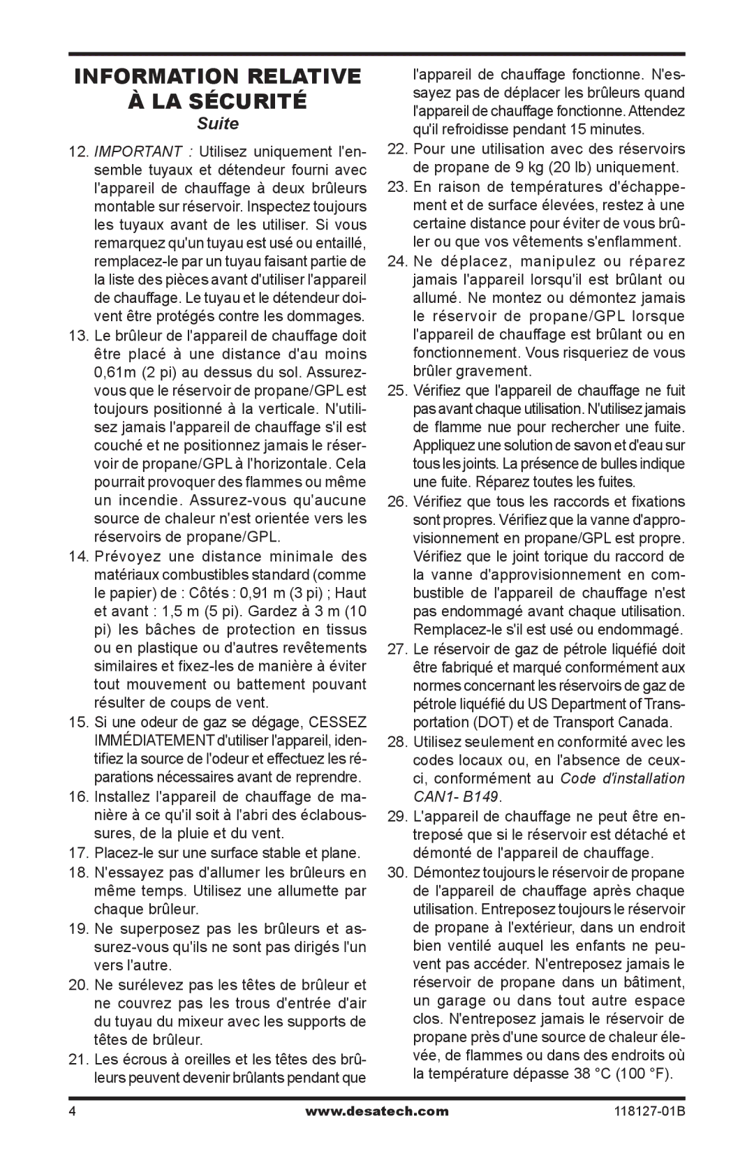 Desa 000-24, TC111 8, TC110 8, 000-12, 050 BTU owner manual Suite, Le réservoir de gaz de pétrole liquéfié doit 