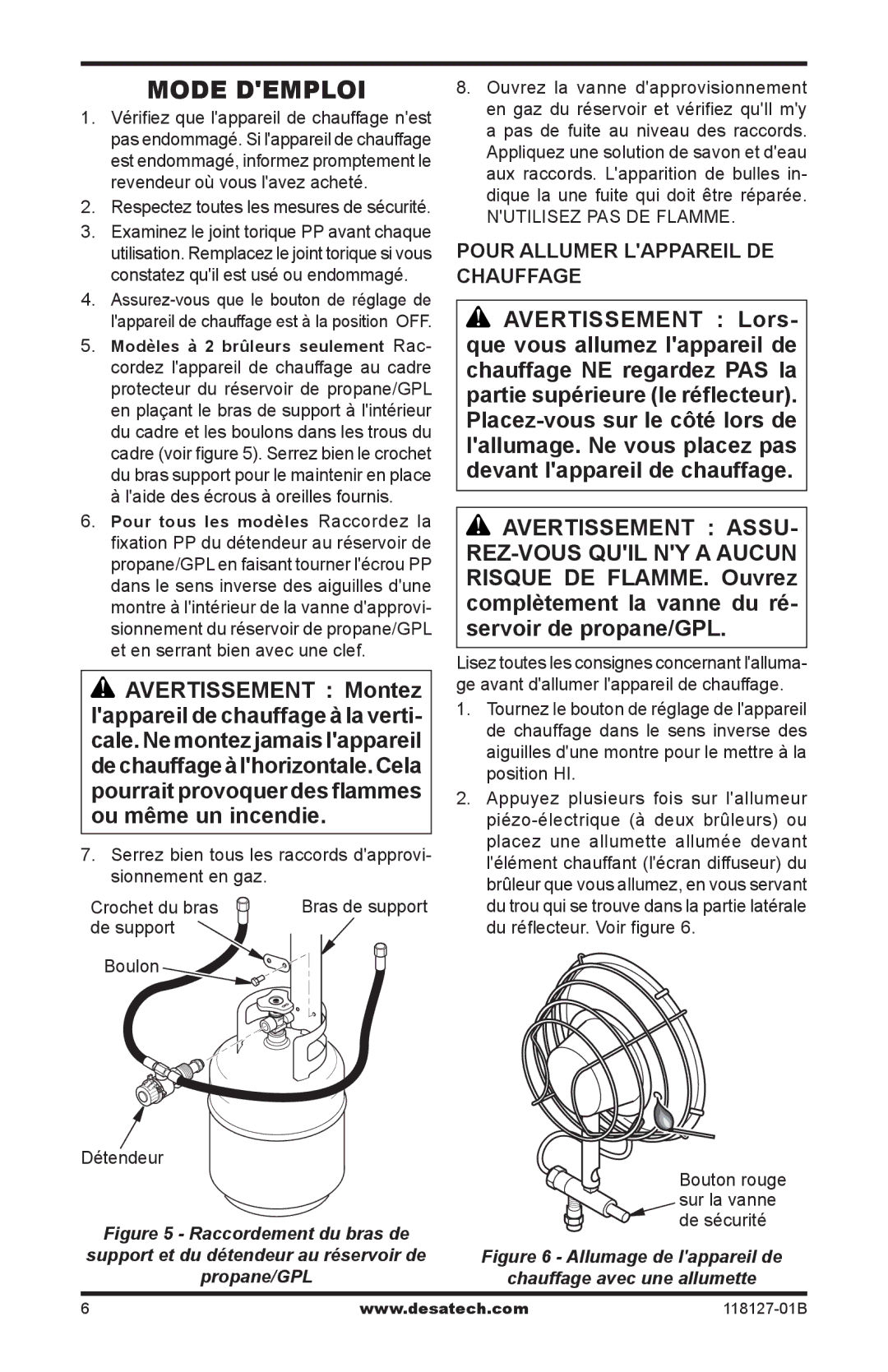 Desa TC110 8, TC111 8, 000-12, 050 BTU, 000-24 Mode demploi, Pour Allumer lappareil de chauffage, De support Boulon Détendeur 