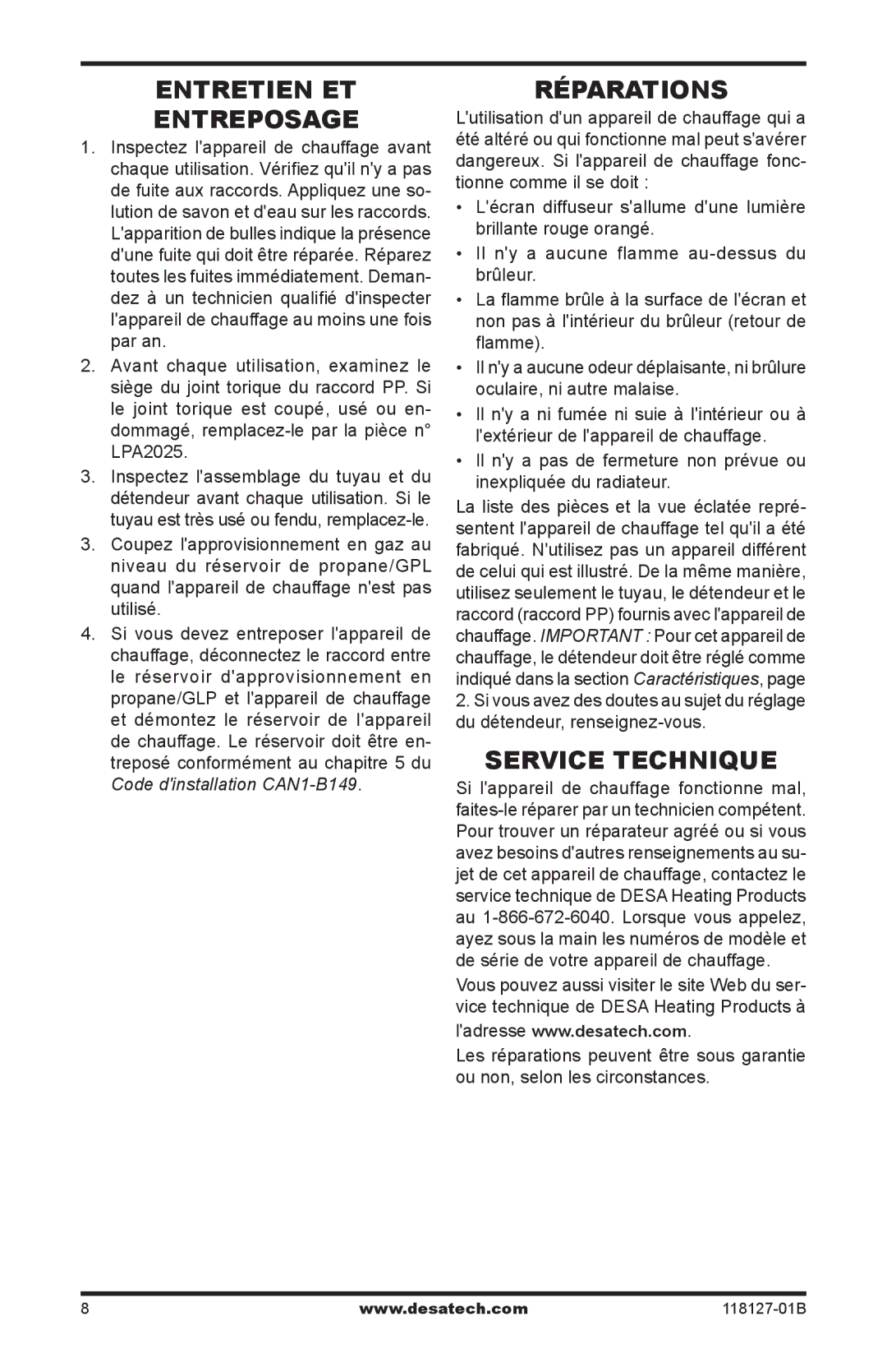 Desa 050 BTU, TC111 8, TC110 8, 000-12, 000-24 owner manual Entretien et entreposage, Réparations, Service technique 