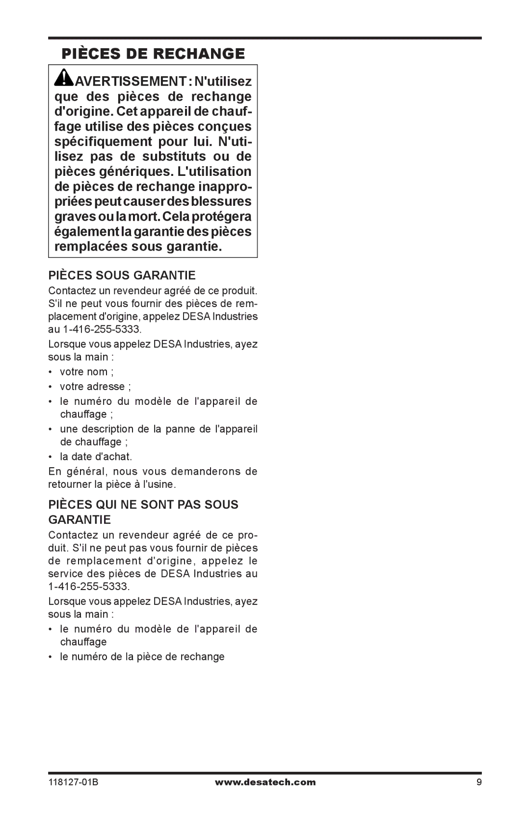 Desa 000-24, TC111 8, TC110 8, 000-12, 050 BTU owner manual Pièces de rechange, Pièces qui ne sont pas sous garantie 