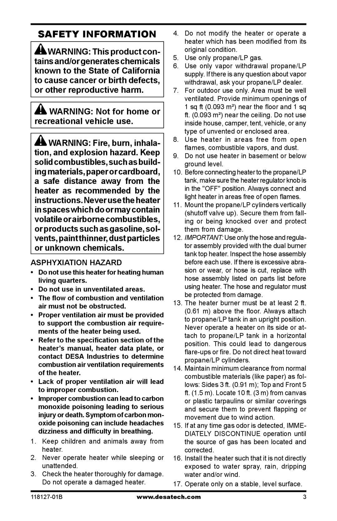 Desa 050 BTU, TC111 8, TC110 8, 000-12, 000-24 owner manual Safety Information, Asphyxiation Hazard 