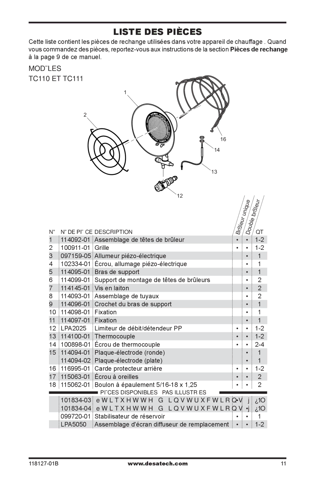 Desa TC110 8, TC111 8, 000-12, 050 BTU, 000-24 owner manual Liste des pièces, Assemblage de têtes de brûleur 
