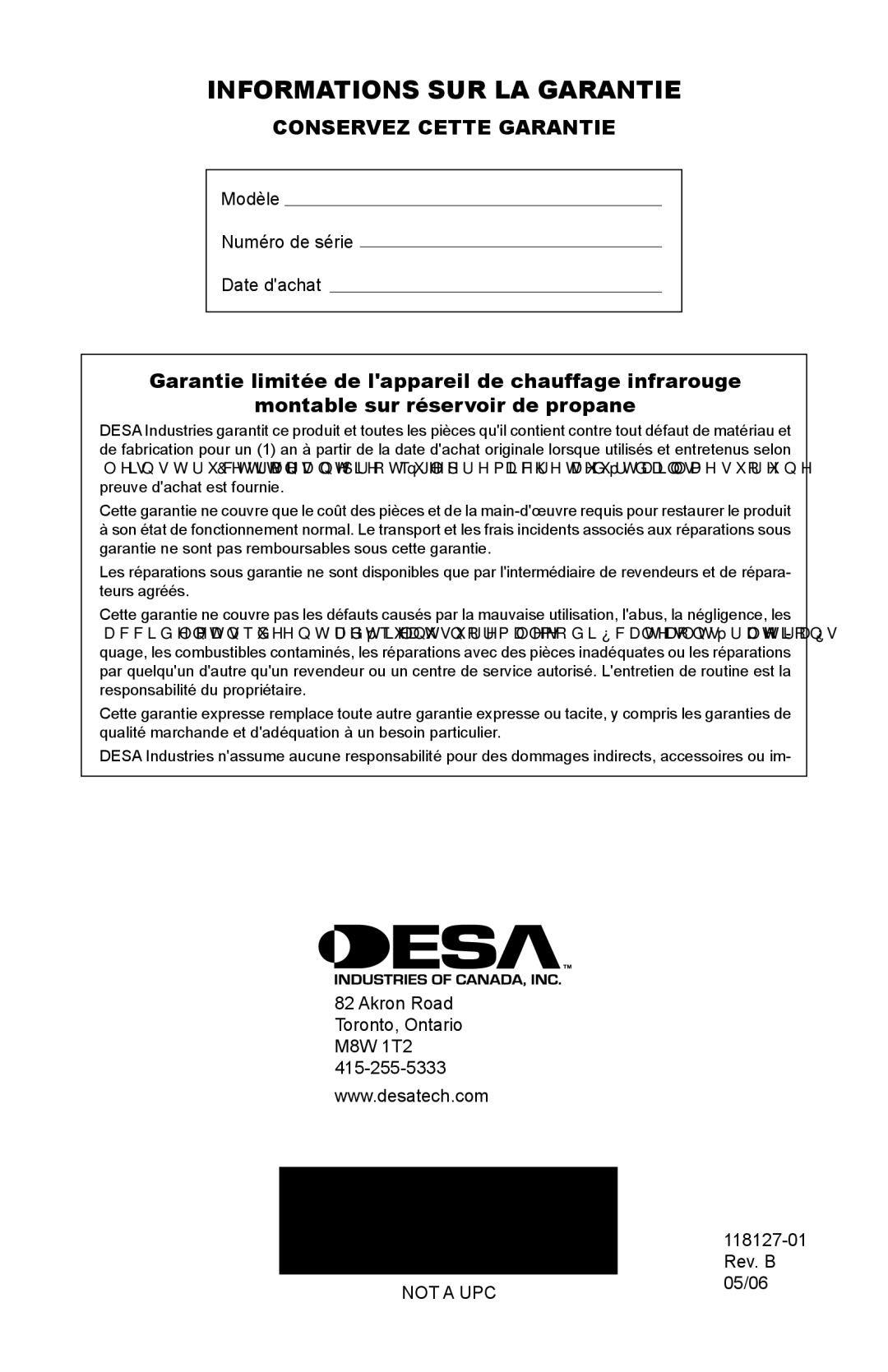 Desa 000-12, TC111 8, TC110 8, 050 BTU Informations sur la garantie, Modèle Numéro de série Date dachat, Rev. B, 05/06 