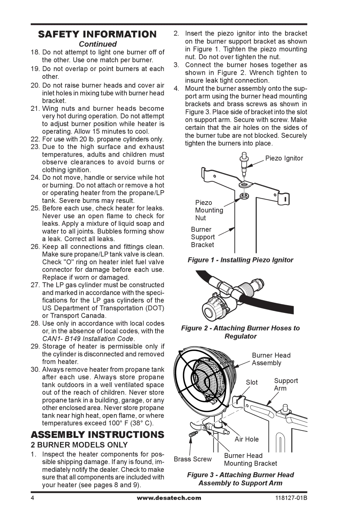 Desa 000-24, TC111 8, TC110 8 Assembly Instructions, Burner Models only, Piezo Ignitor Mounting Nut Burner Support Bracket 