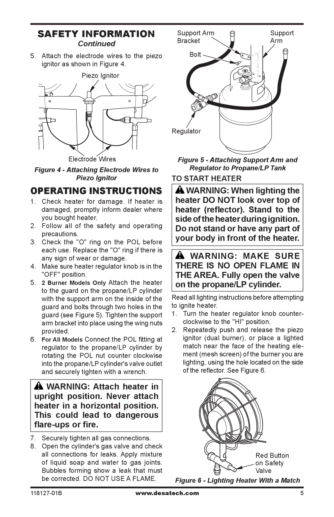 Desa TC111 8, TC110 8, 000-12, 050 BTU, 000-24 owner manual Operating Instructions, To Start Heater, Red Button on Safety Valve 