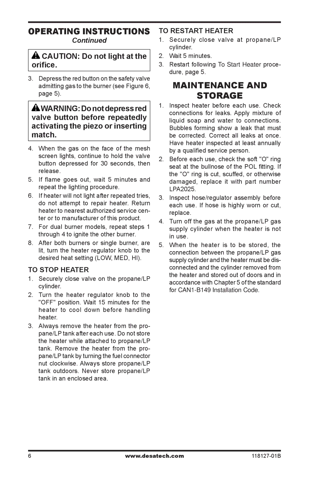 Desa TC110 8, TC111 8, 000-12, 050 BTU, 000-24 owner manual Maintenance Storage, To Stop Heater, To Restart Heater 