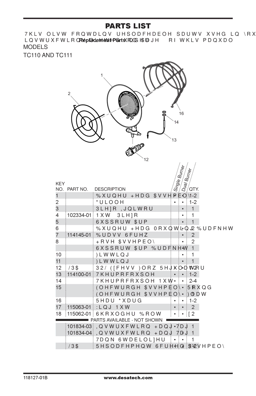 Desa 000-24, TC111 8, TC110 8, 000-12, 050 BTU owner manual Parts List 