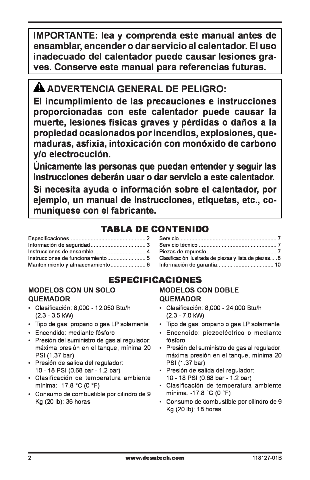 Desa 000-12, TC111 8, TC110 8, 050 BTU, 000-24 owner manual Advertencia General De Peligro 
