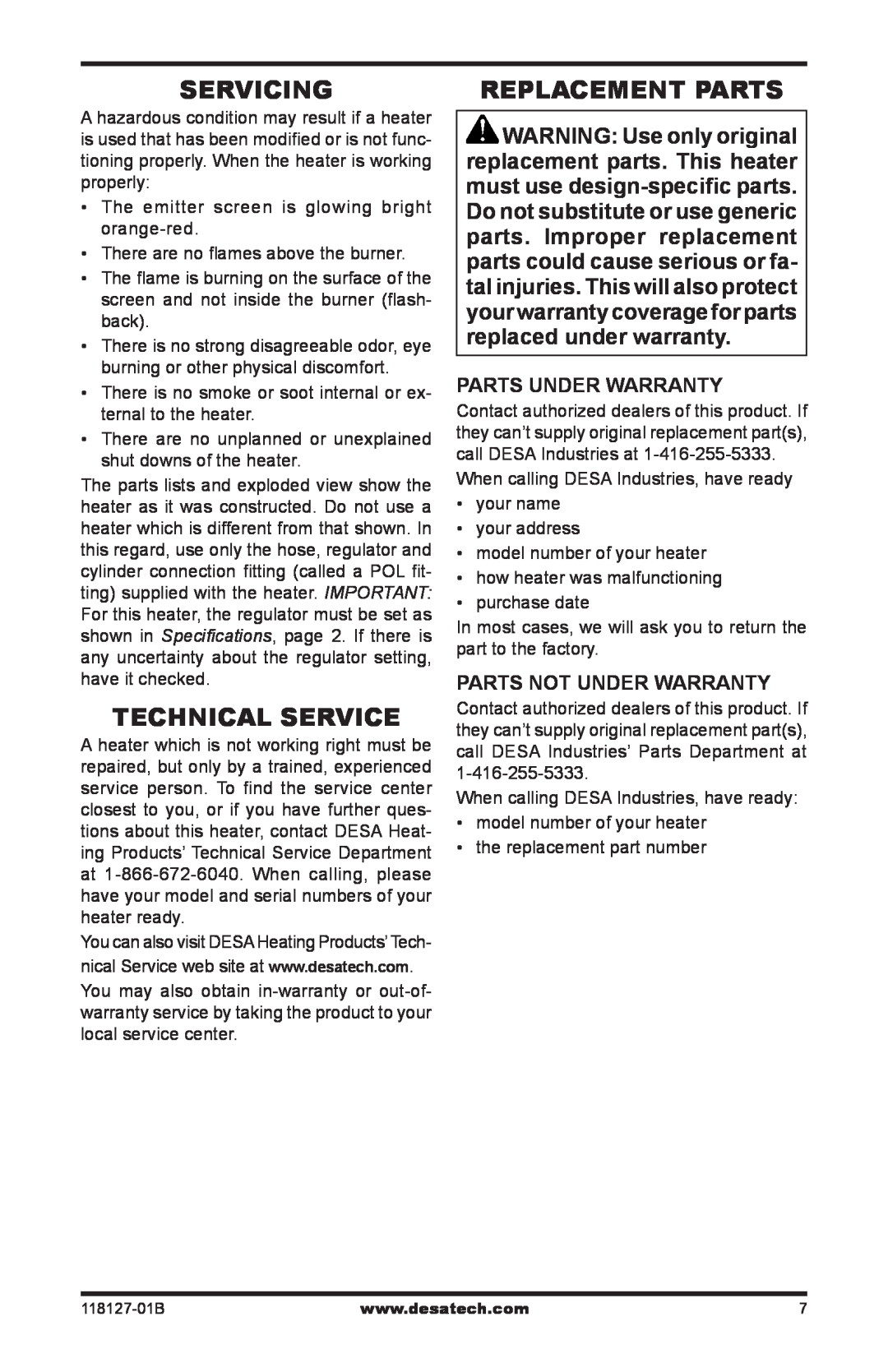 Desa 000-12, TC111 8 Servicing, Technical Service, Replacement Parts, Parts Under Warranty, Parts Not Under Warranty 