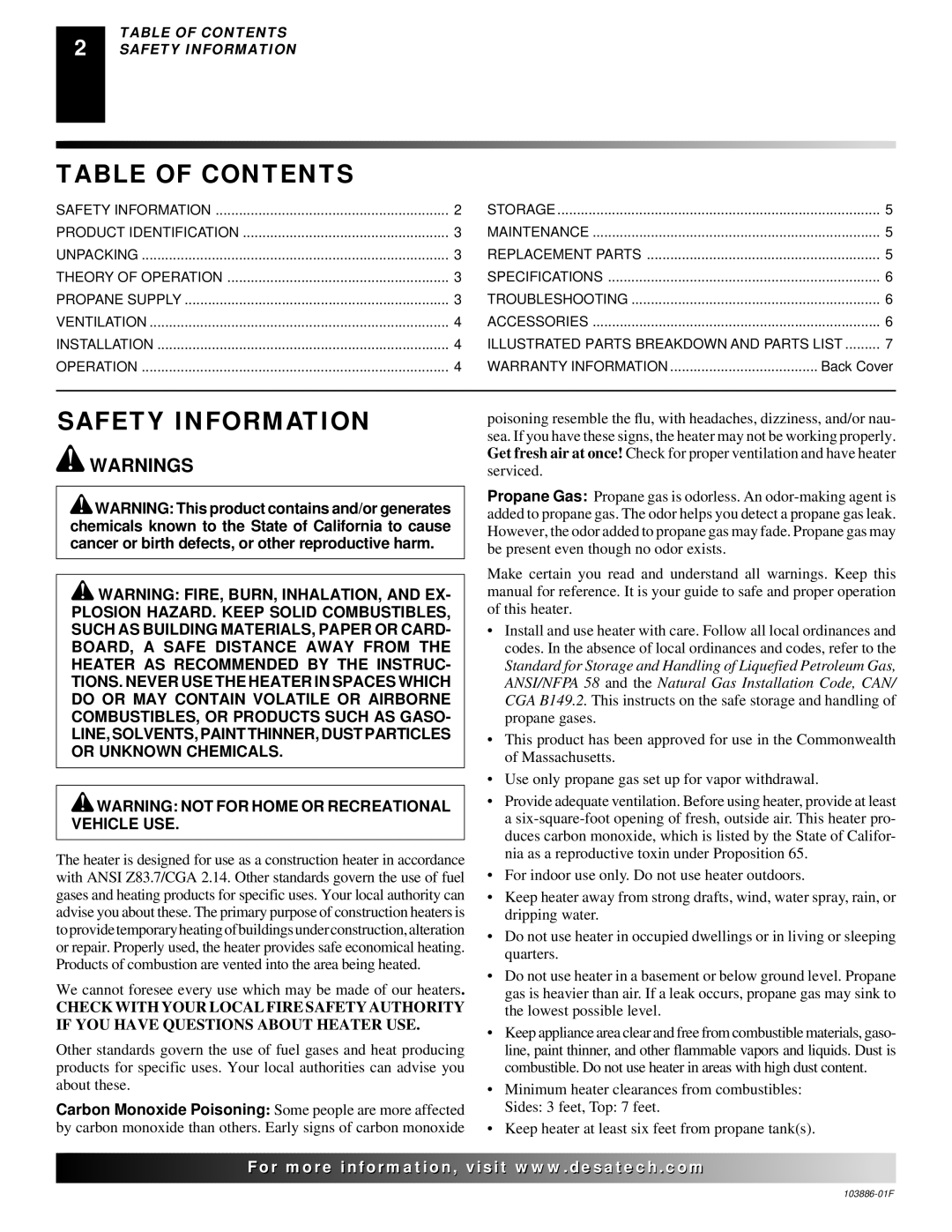 Desa TC200V, RCP200V owner manual Table of Contents, Safety Information 