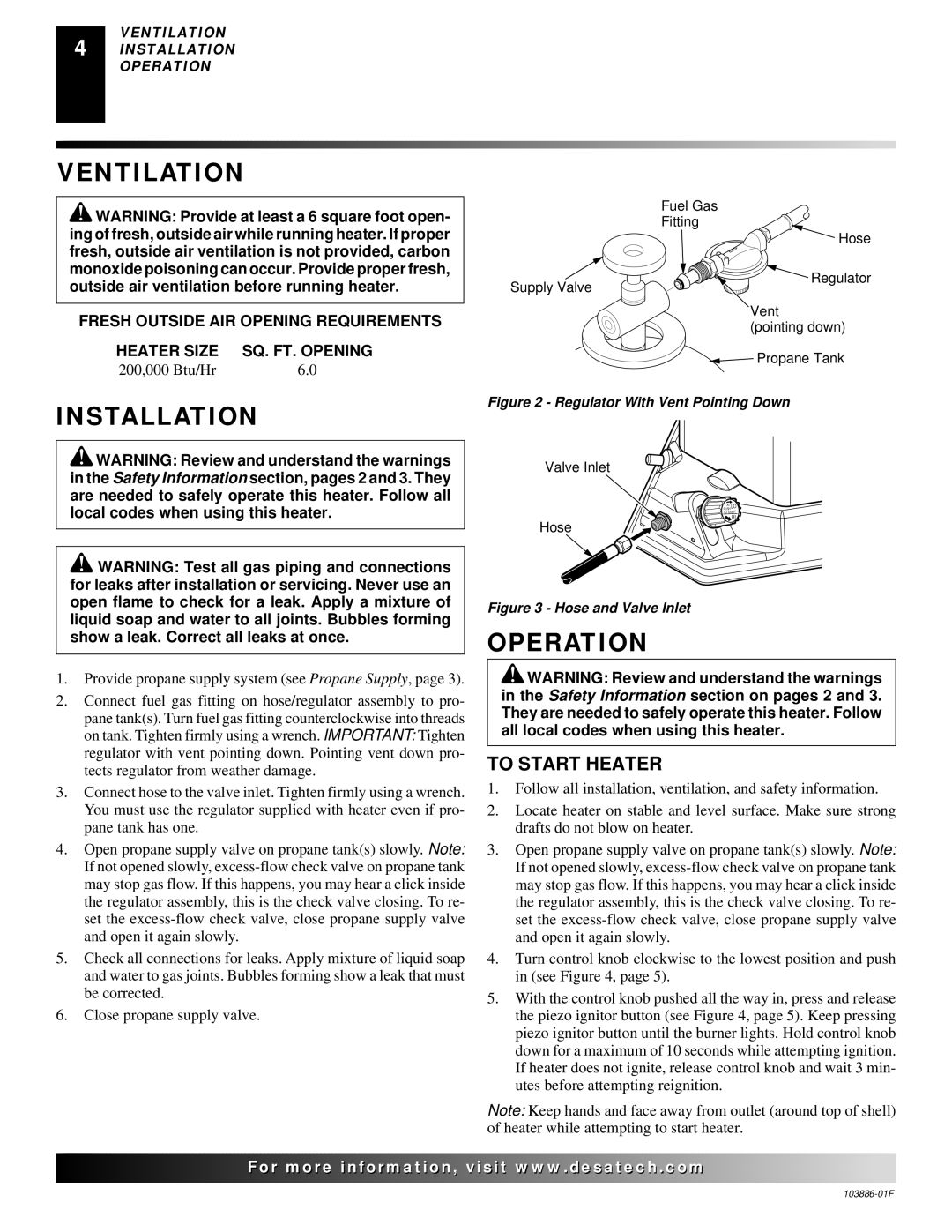 Desa TC200V, RCP200V owner manual Ventilation, Installation, Operation, To Start Heater 