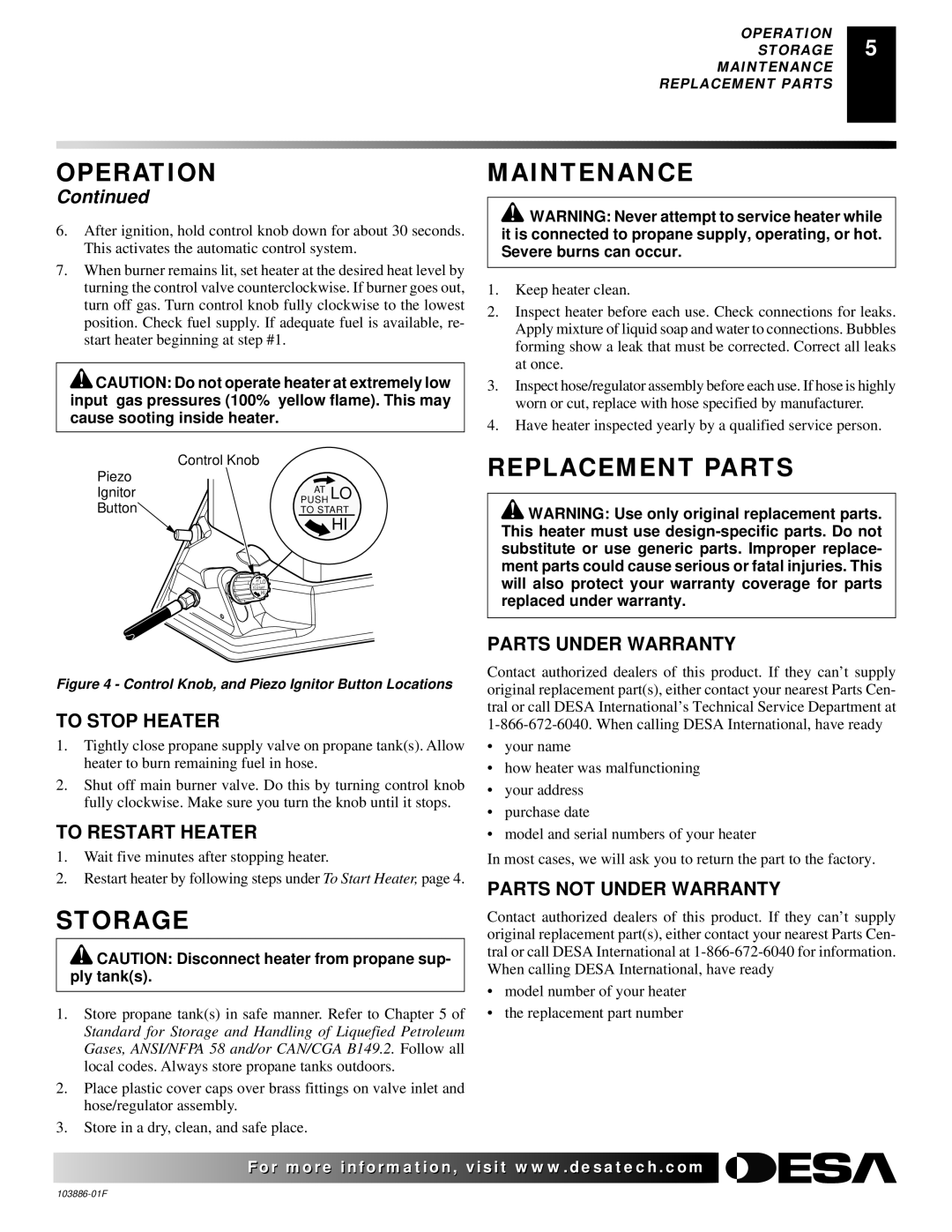 Desa RCP200V, TC200V owner manual Storage, Maintenance, Replacement Parts 