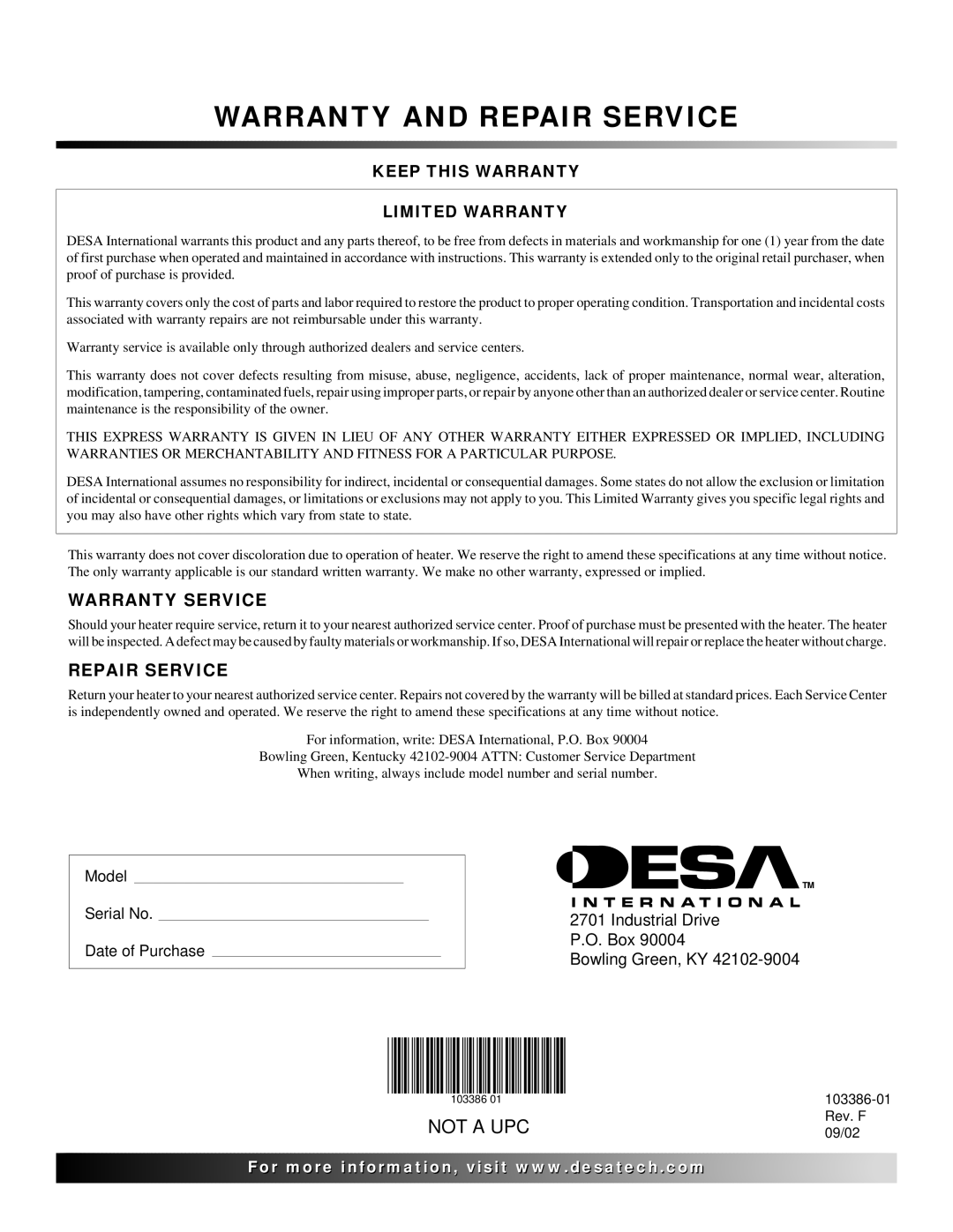 Desa TC200V, RCP200V owner manual Warranty Service, Repair Service 