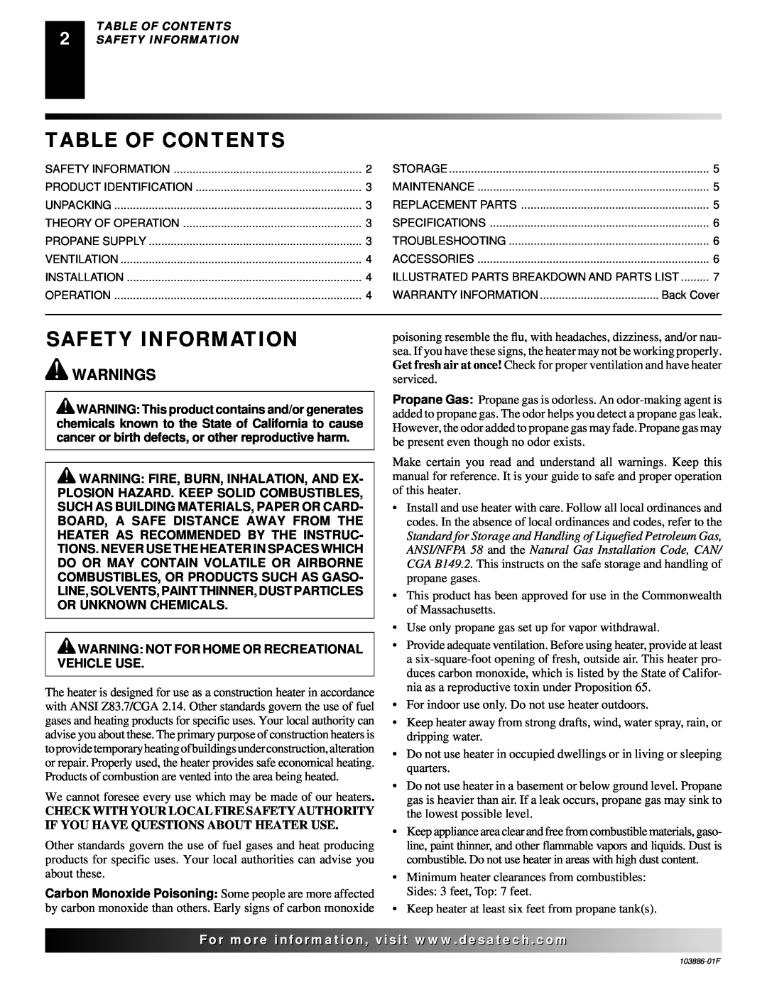 Desa TC200V, RCP200V Table Of Contents, Safety Information, Warnings, Warning Not For Home Or Recreational Vehicle Use 