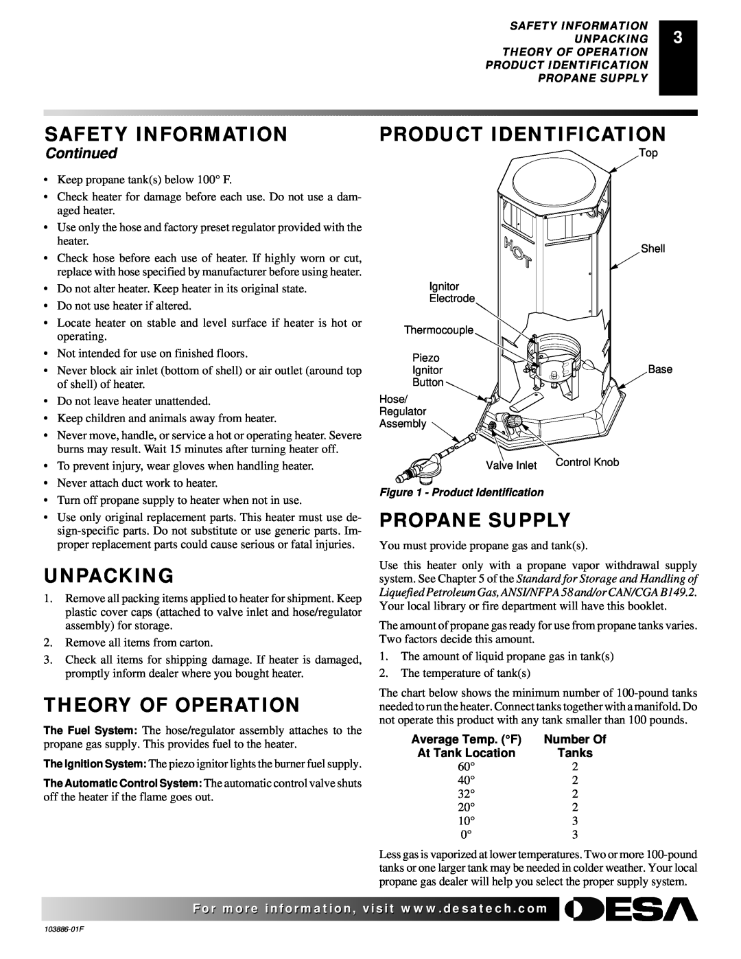 Desa RCP200V Product Identification, Unpacking, Theory Of Operation, Propane Supply, Continued, Safety Information, Tanks 