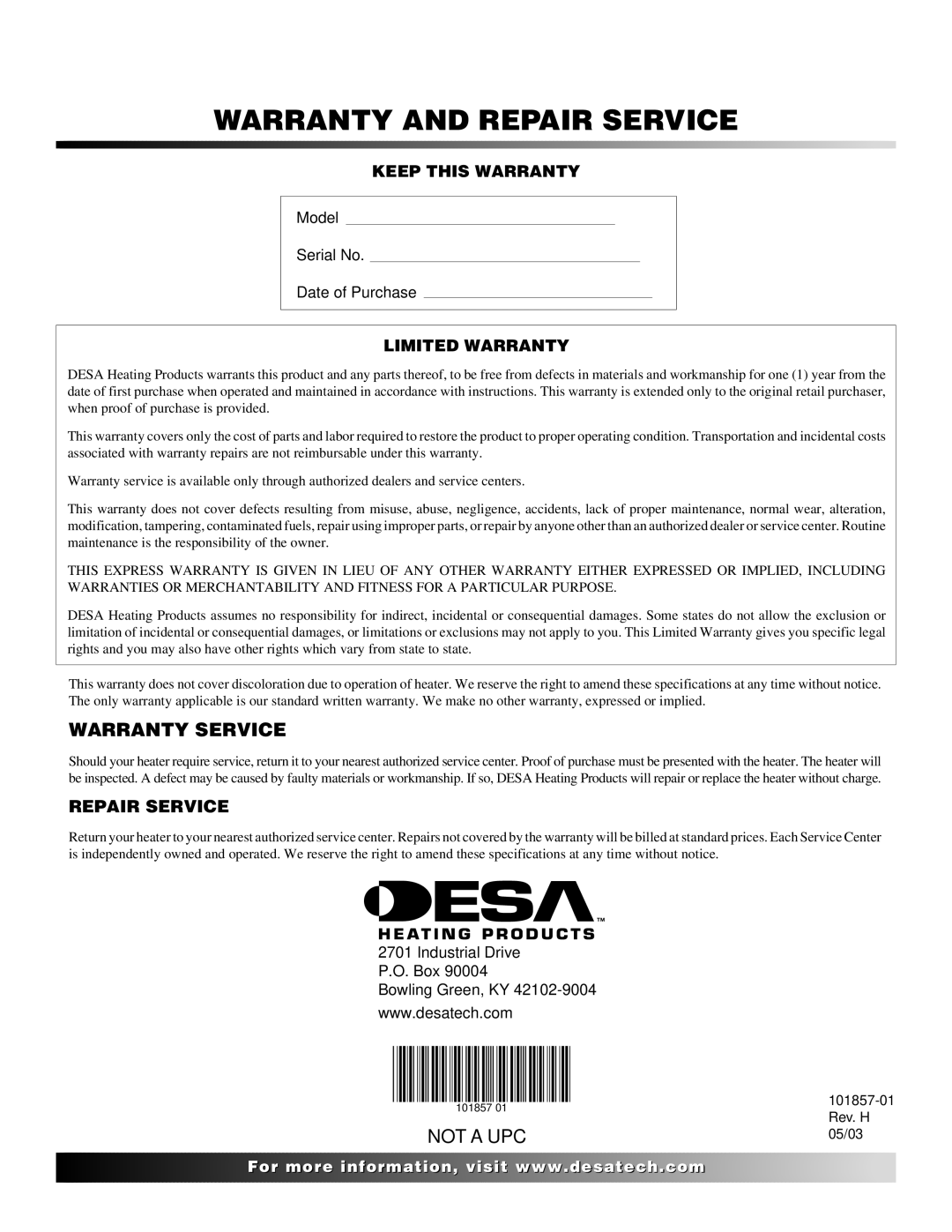 Desa TC25 owner manual Warranty and Repair Service, Warranty Service 