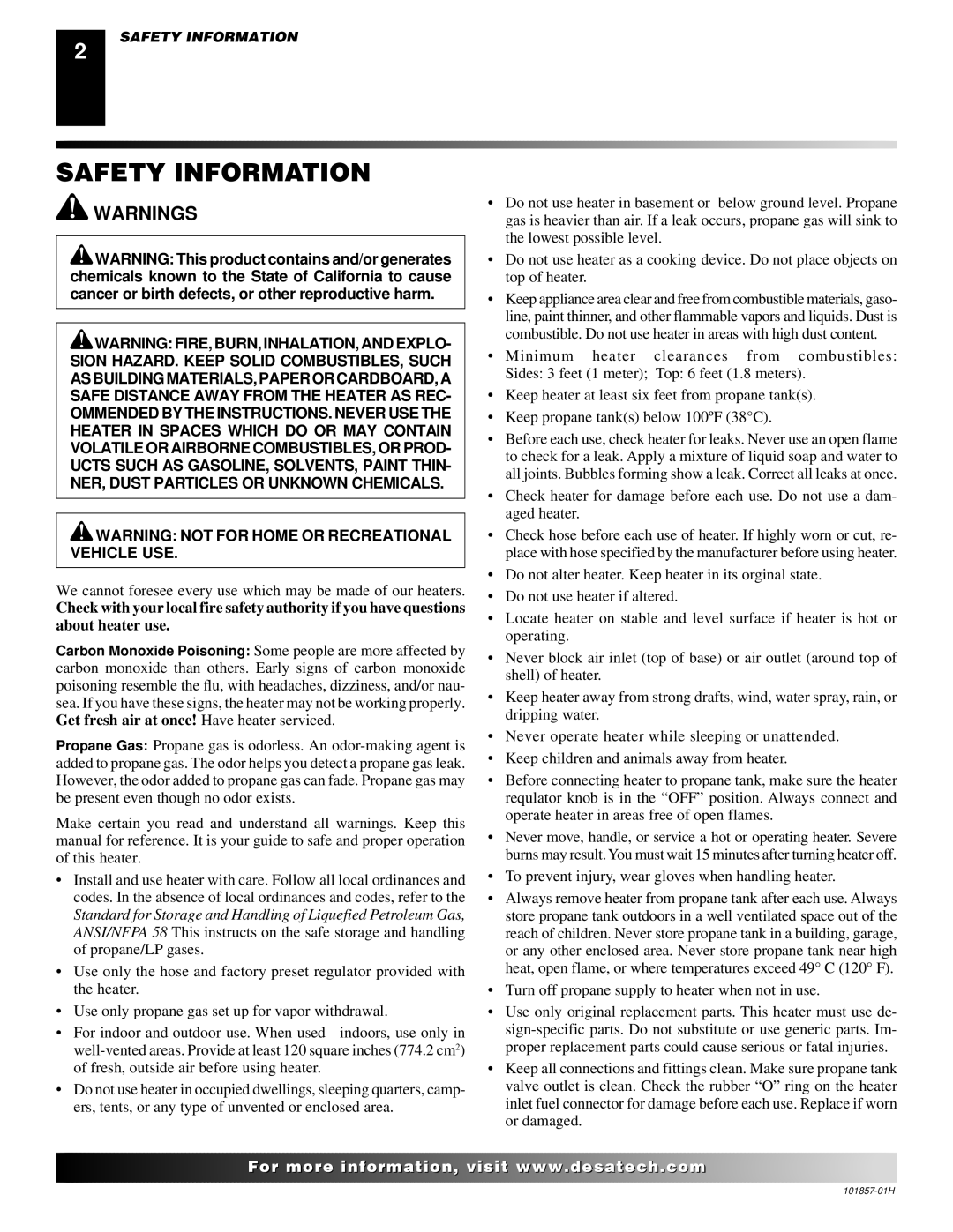 Desa TC25 owner manual Safety Information, To prevent injury, wear gloves when handling heater 