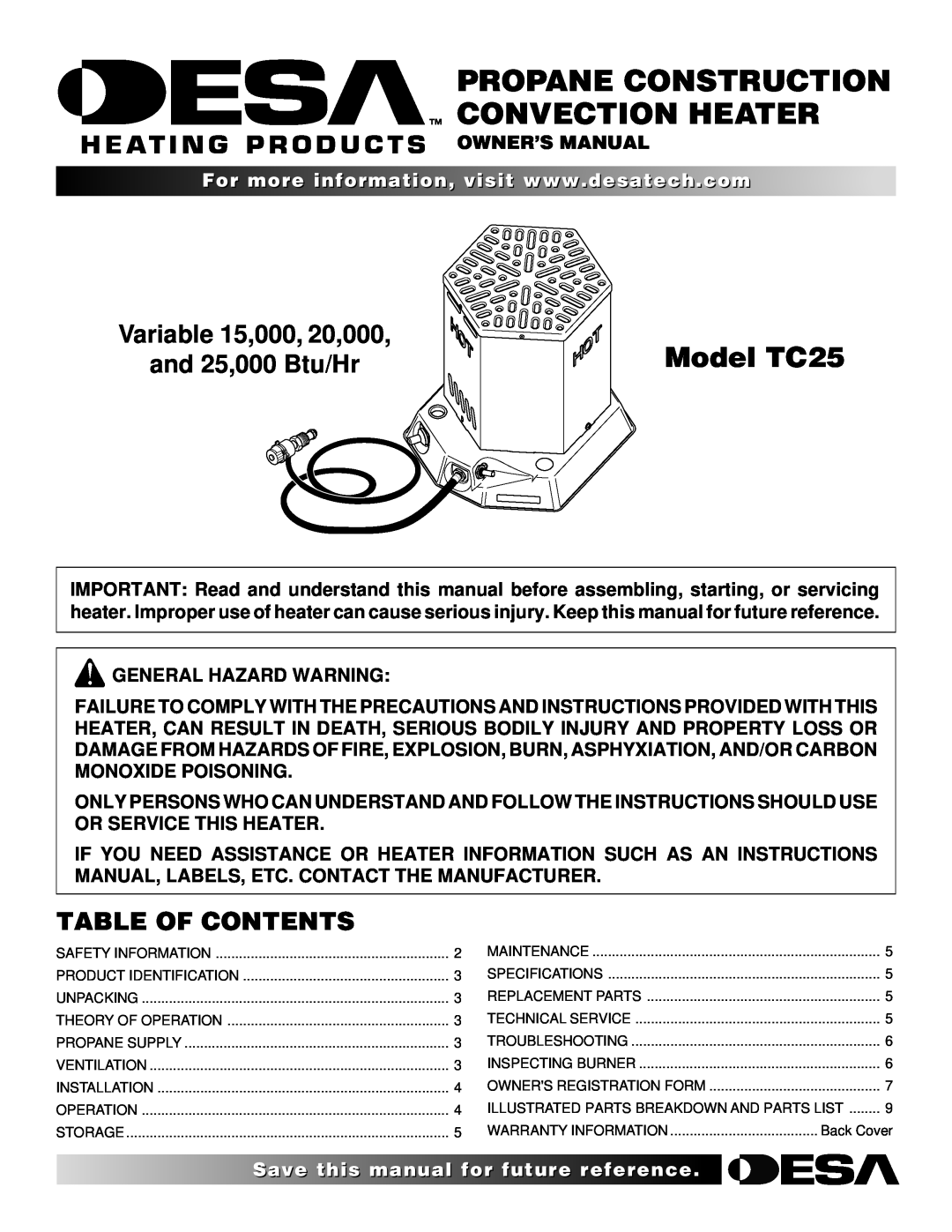 Desa owner manual Model TC25, Variable 15,000, 20,000 and 25,000 Btu/Hr, Table Of Contents 