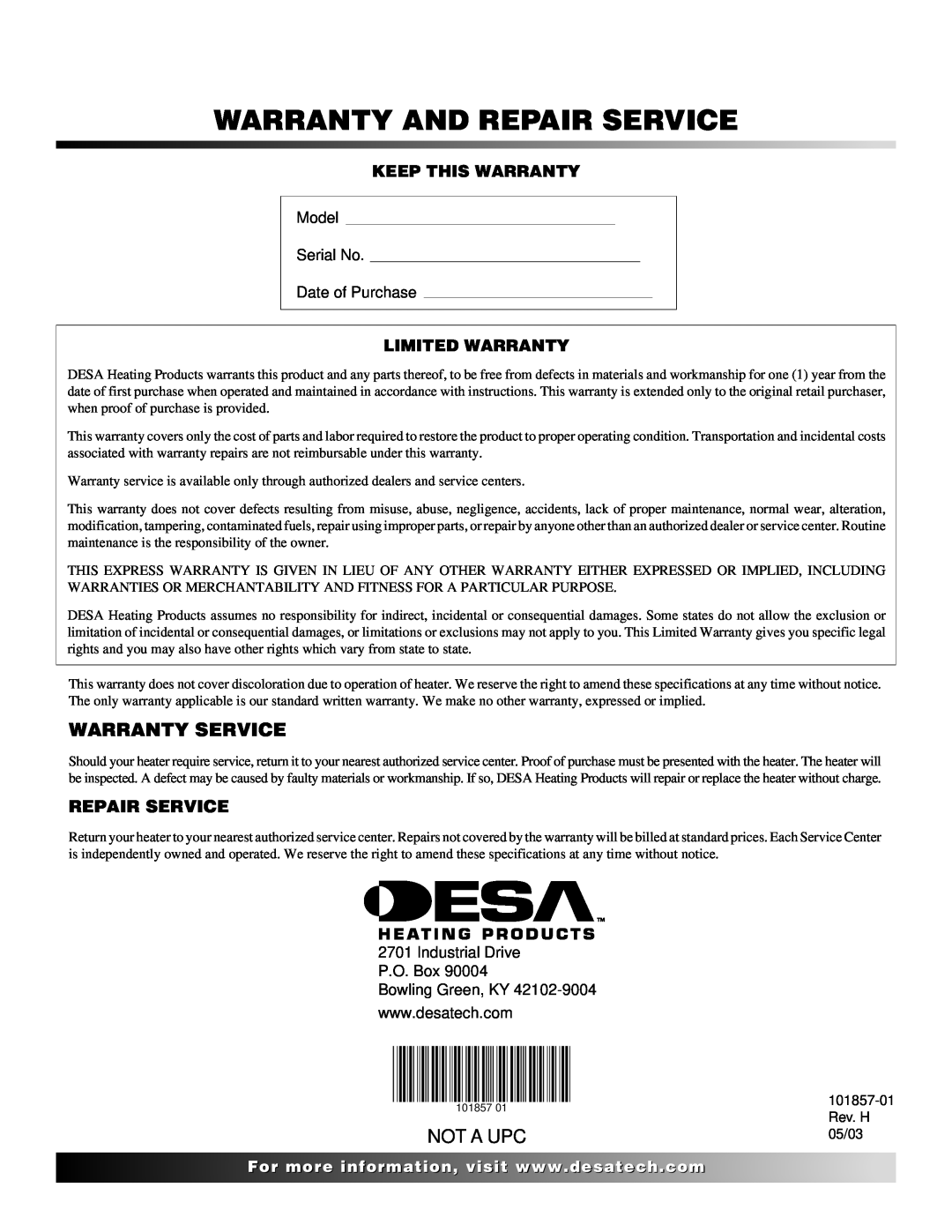 Desa TC25 owner manual Warranty And Repair Service, Not A Upc, Keep This Warranty, Limited Warranty 