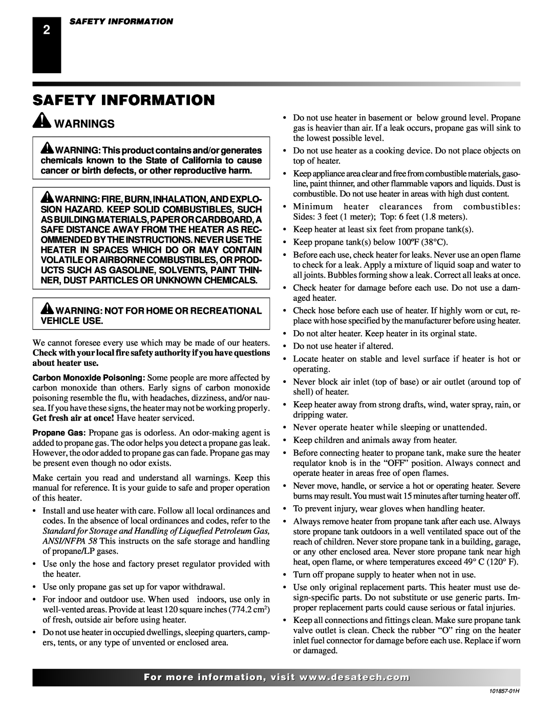 Desa TC25 owner manual Safety Information, Warnings 