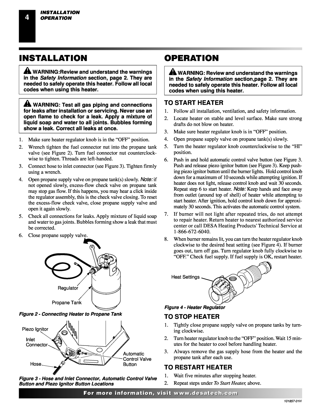 Desa TC25 owner manual Installationoperation, To Start Heater, To Stop Heater, To Restart Heater 