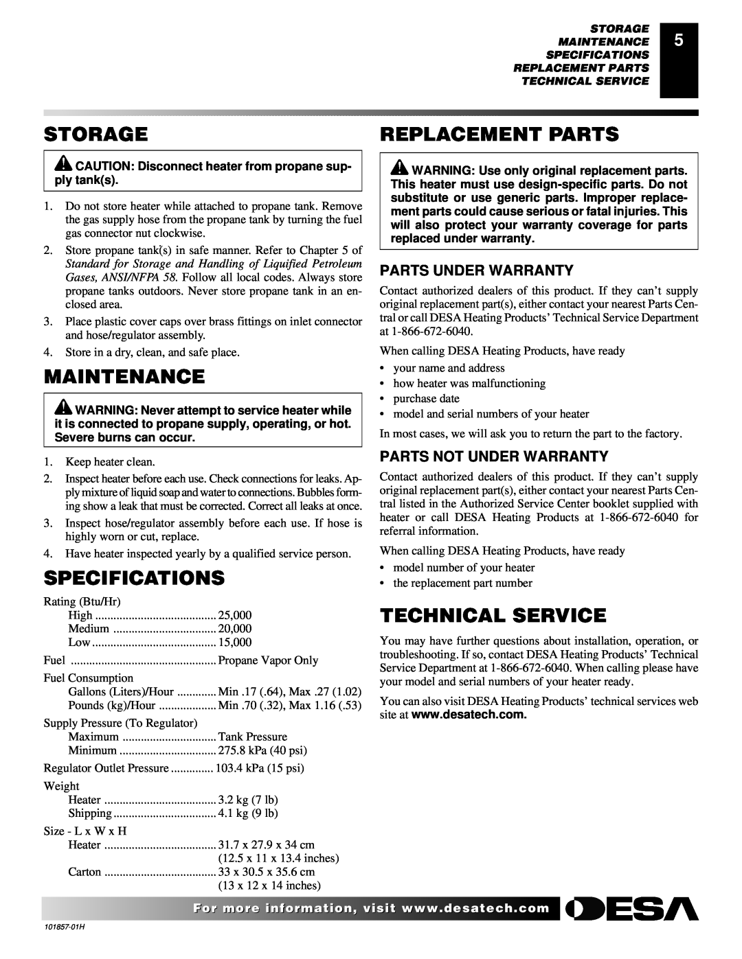 Desa TC25 owner manual Storage, Replacement Parts, Maintenance, Specifications, Technical Service 