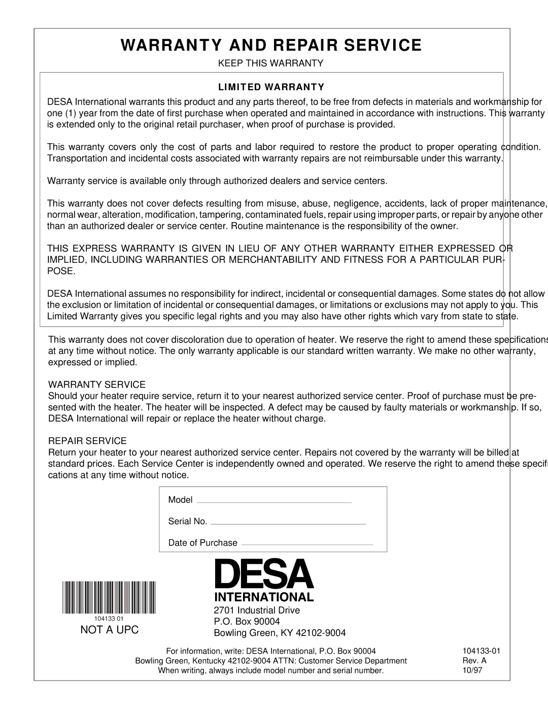 Desa TC250RNG owner manual Warranty and Repair Service 