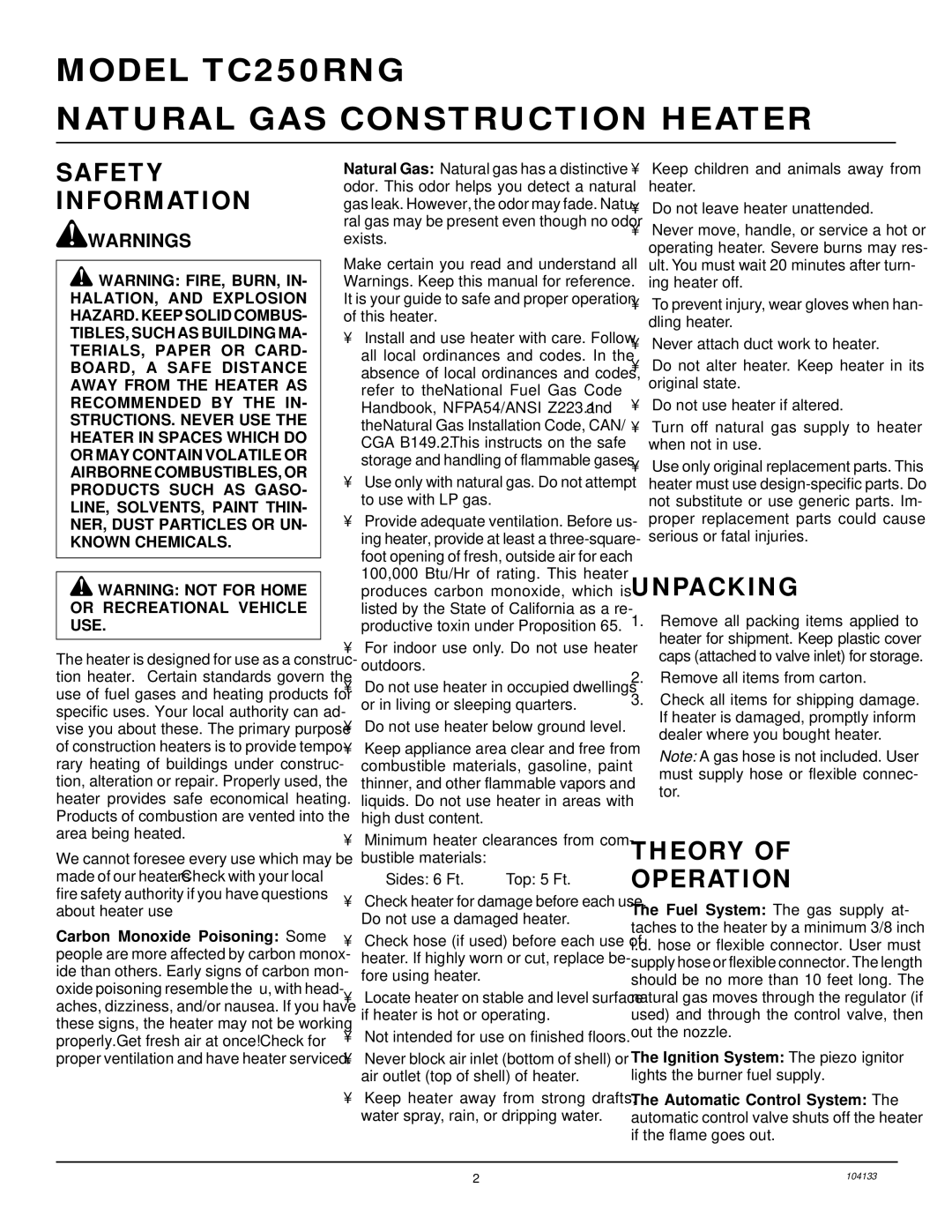 Desa TC250RNG owner manual Safety Information, Unpacking, Theory Operation 