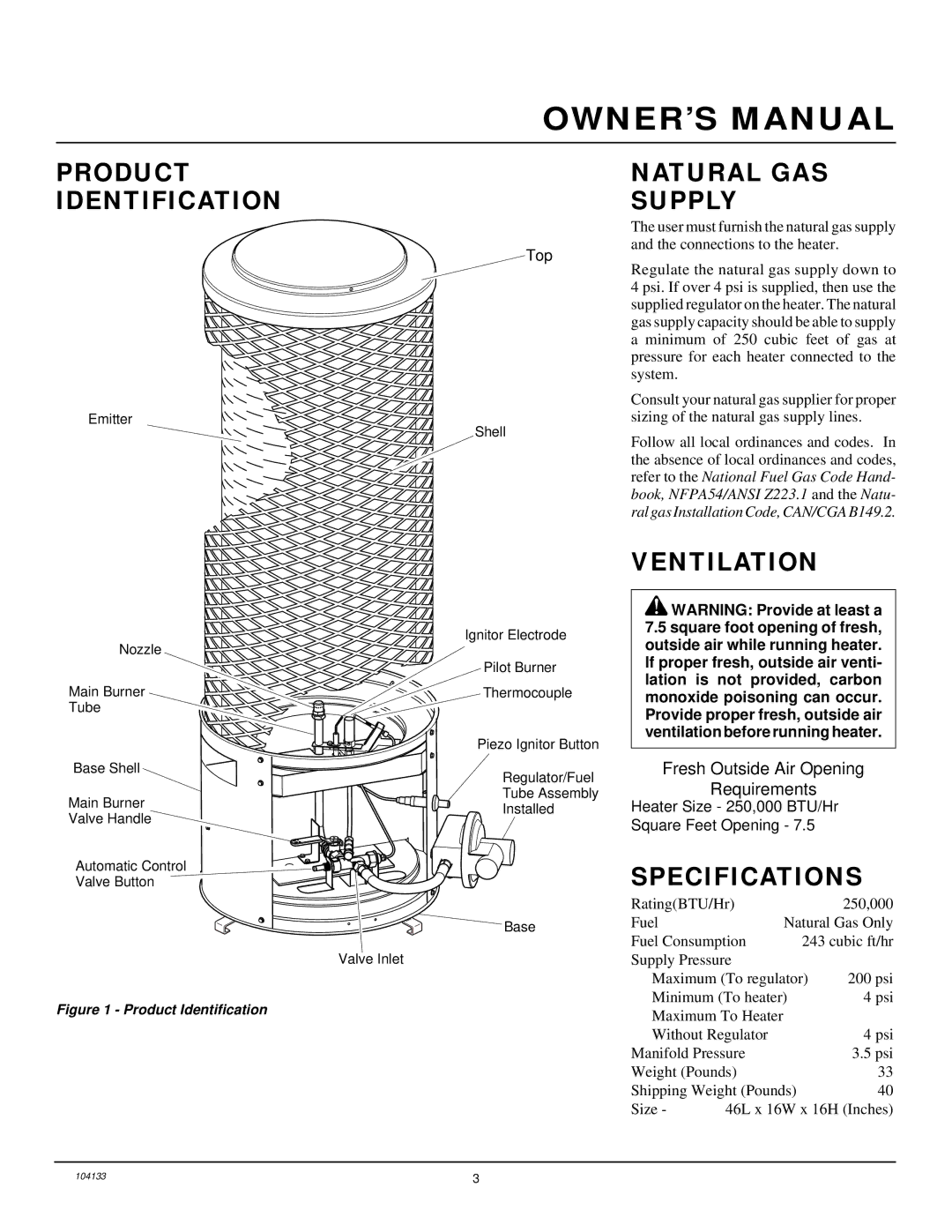 Desa TC250RNG owner manual Product Identification Natural GAS Supply, Ventilation, Specifications 