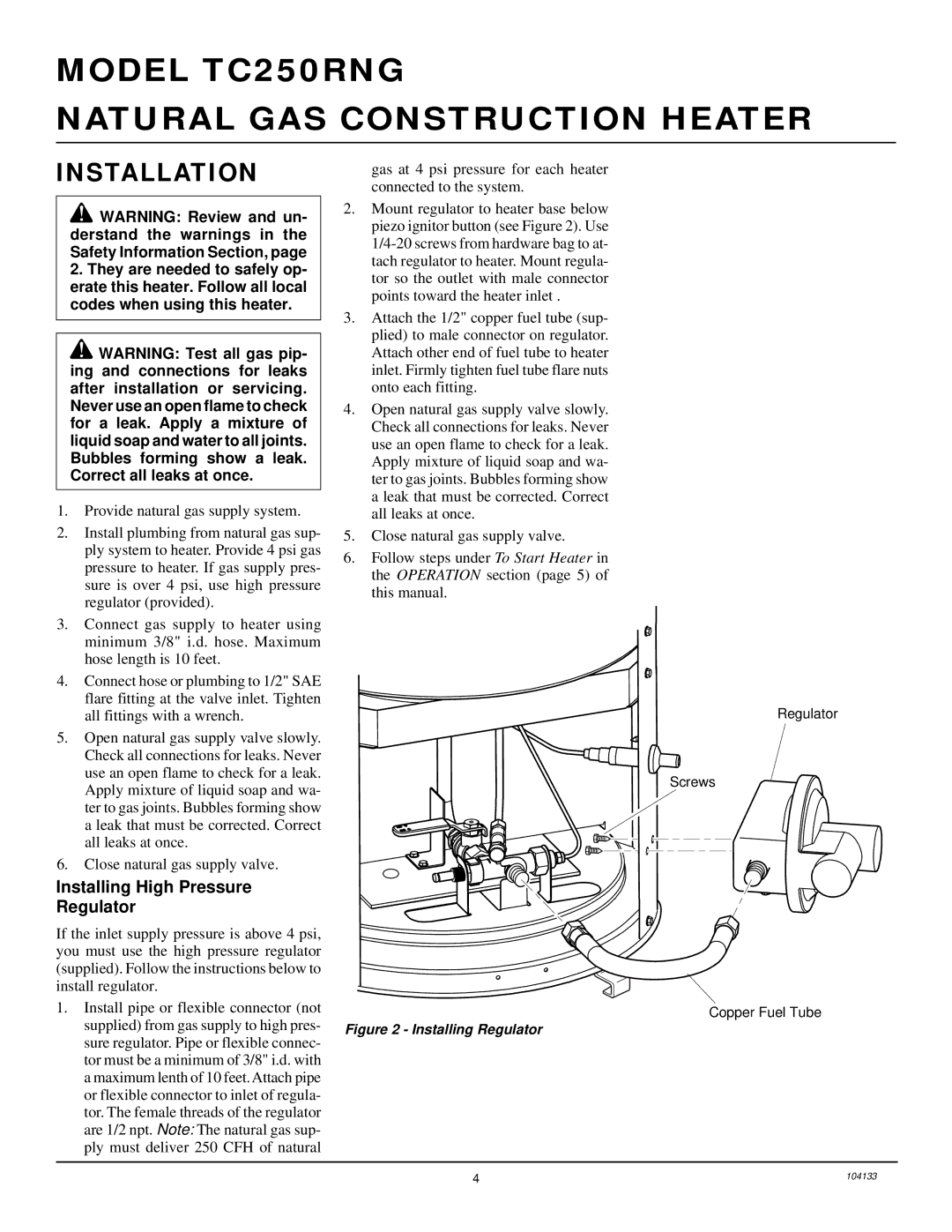 Desa TC250RNG owner manual Installation, Installing High Pressure Regulator 