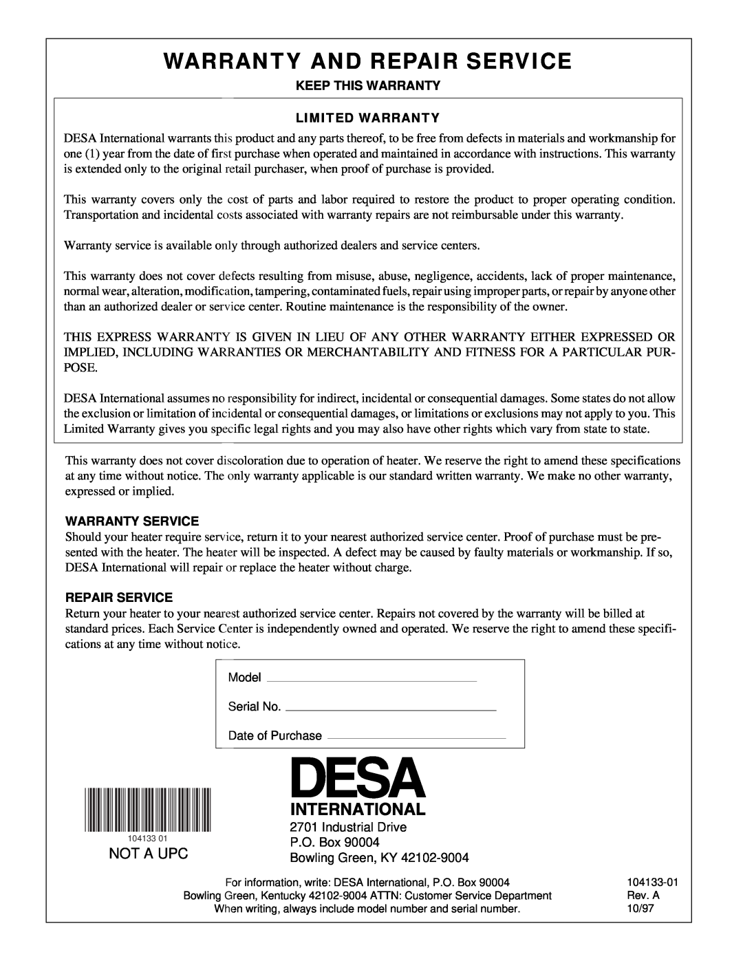 Desa TC250RNG owner manual Warranty And Repair Service, Keep This Warranty Limited Warranty, Warranty Service, Not A Upc 