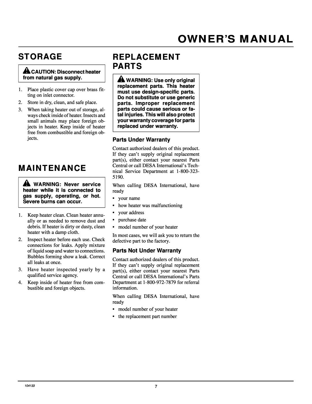 Desa TC250RNG owner manual Storage, Maintenance, Replacement Parts, Parts Under Warranty, Parts Not Under Warranty 