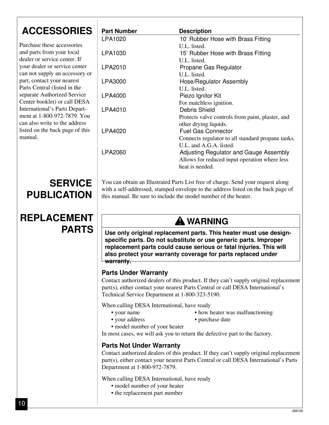 Desa TC275, RCP275 owner manual Accessories, Service, Publication, Replacement Parts 