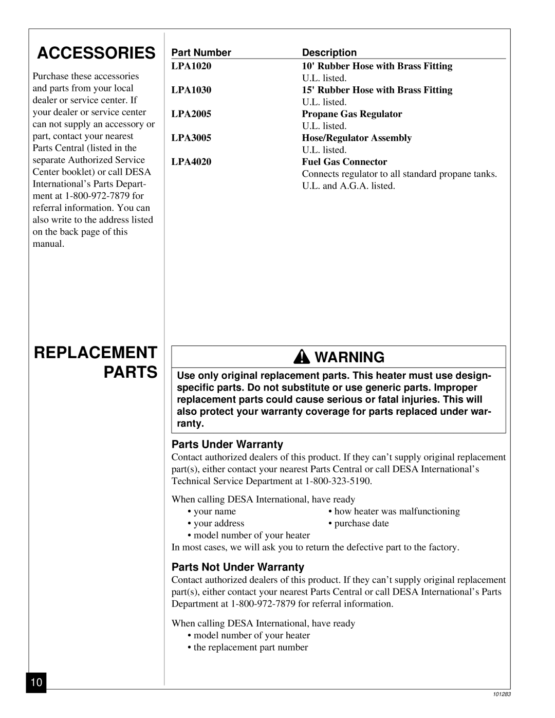 Desa REM2000, TC275J, RCP2000 owner manual Accessories, Replacement Parts, Parts Under Warranty, Parts Not Under Warranty 