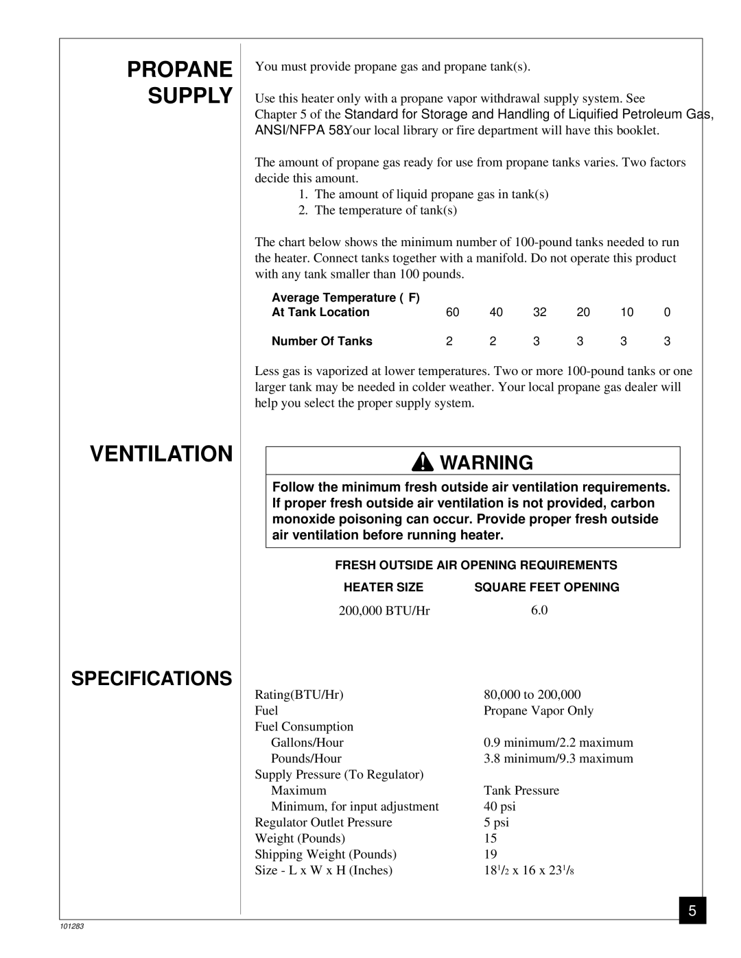 Desa RCP2000, TC275J, REM2000 owner manual Propane, Supply, Ventilation 