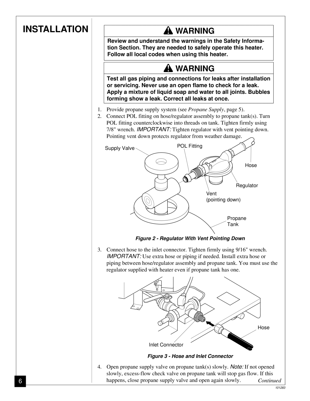 Desa TC275J, REM2000, RCP2000 owner manual Installation, Regulator With Vent Pointing Down 