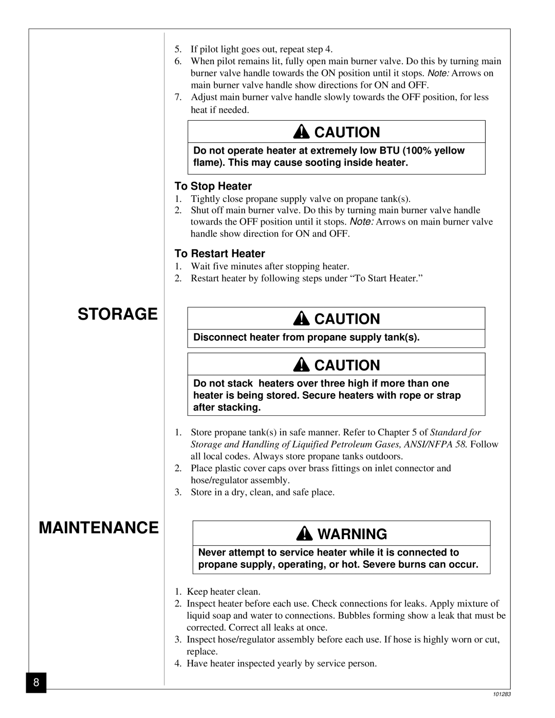 Desa RCP2000, TC275J, REM2000 owner manual Storage, Maintenance, To Stop Heater, To Restart Heater 